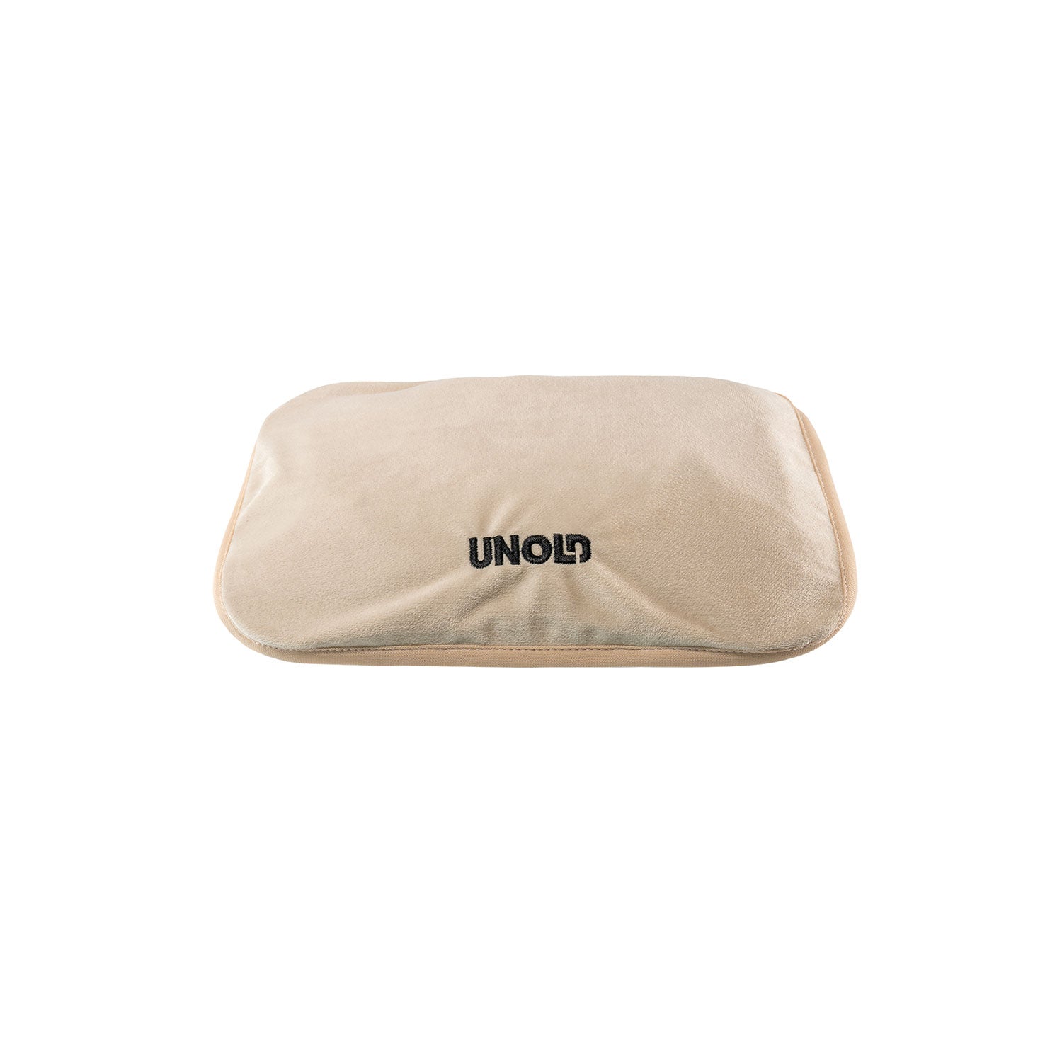 Kabellose elektrische Wärmflasche in Beige mit Gürtel und UNOLD Logo.