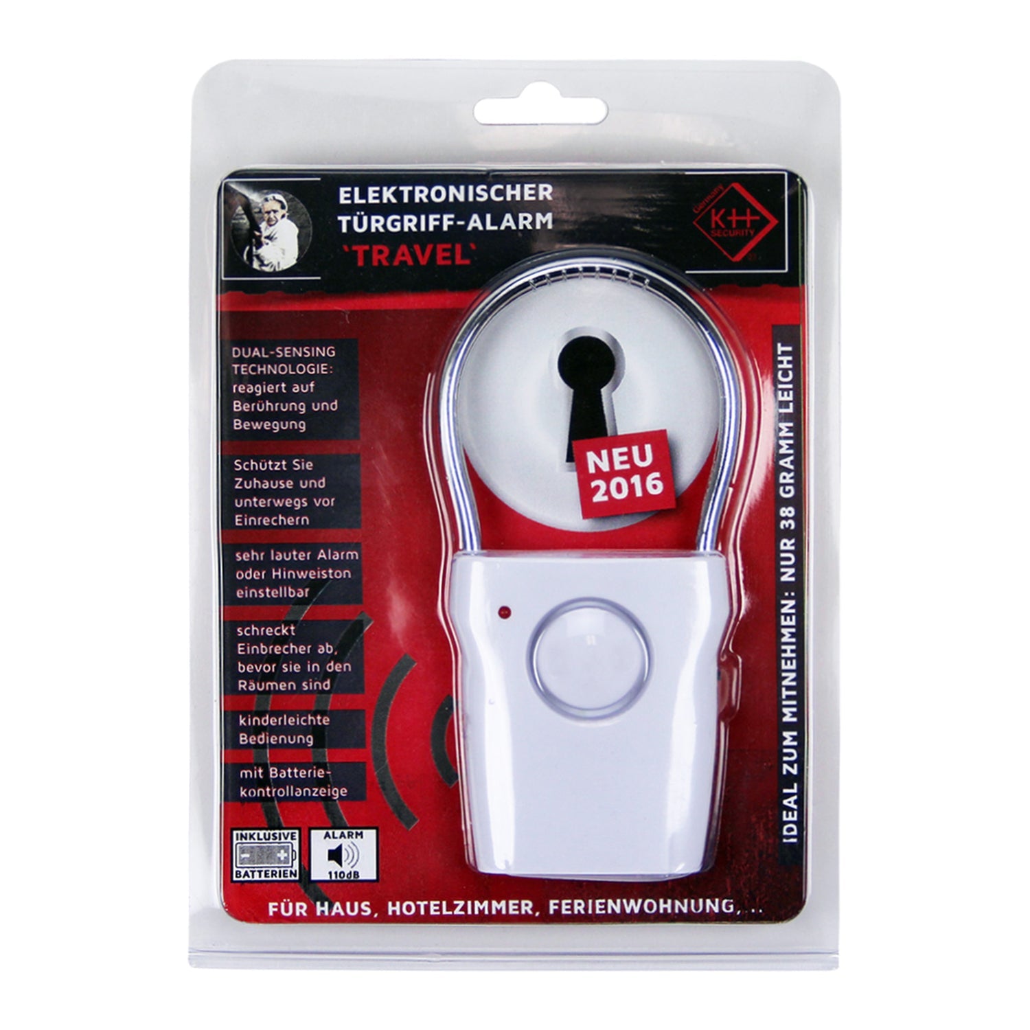 Das kompakte, leichte Elektronische Türgriff-Alarm 2er-Set mit der Bezeichnung „Travel“ bietet Sicherheit mit einem Doppelsensormechanismus. Die runde Ober- und Unterseite schützt vor Einbrüchen und ist ideal für verschiedene Unterkünfte. Markenbeschreibung und Spezifikationen sind in deutscher Sprache verfügbar.