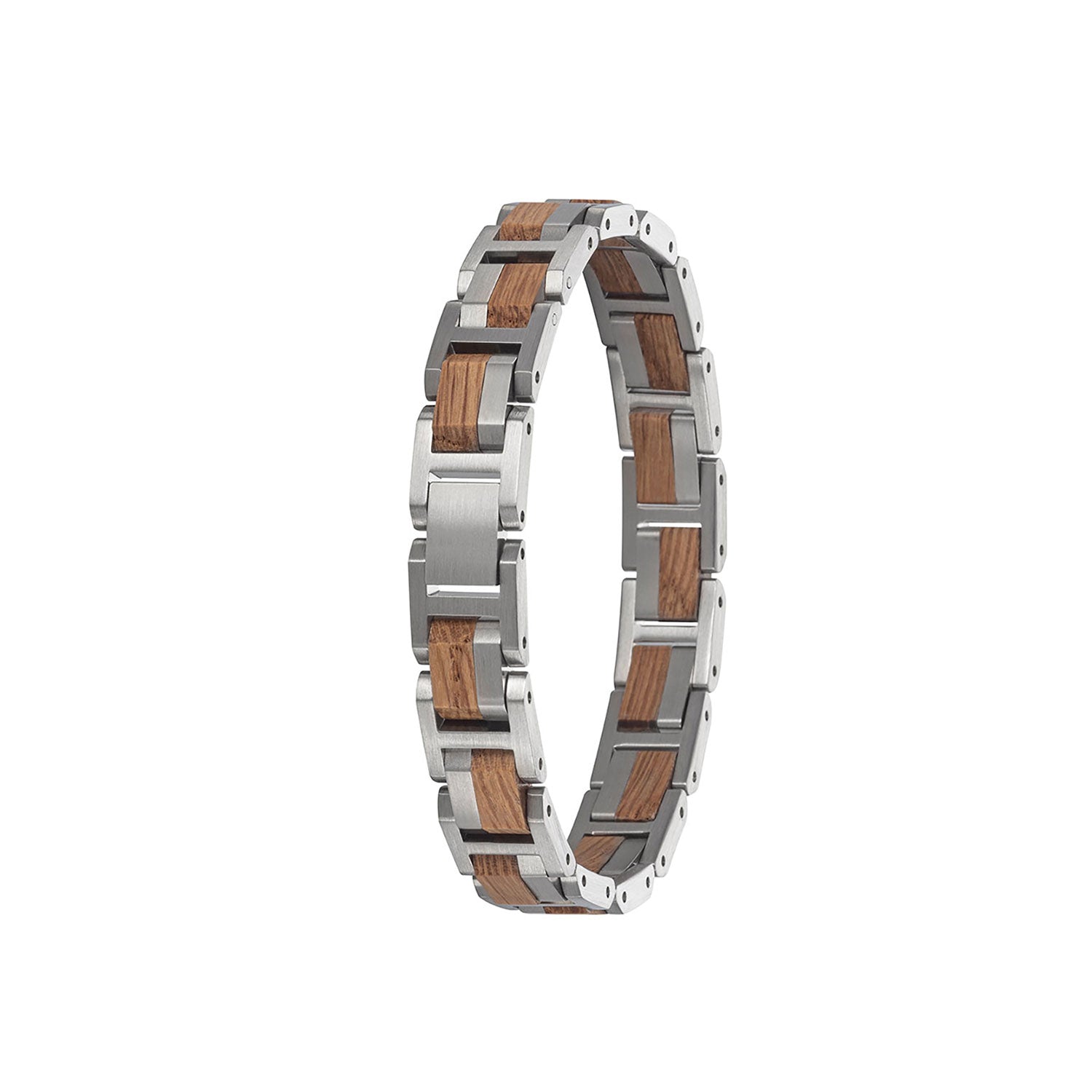 Das Uhrenarmband Elementarmband Damen Barrique Silber besticht durch ein elegantes Design mit abwechselnd polierten silbernen Metall- und Holzsegmenten mit sichtbarer Maserung auf schlichtem weißem Untergrund.