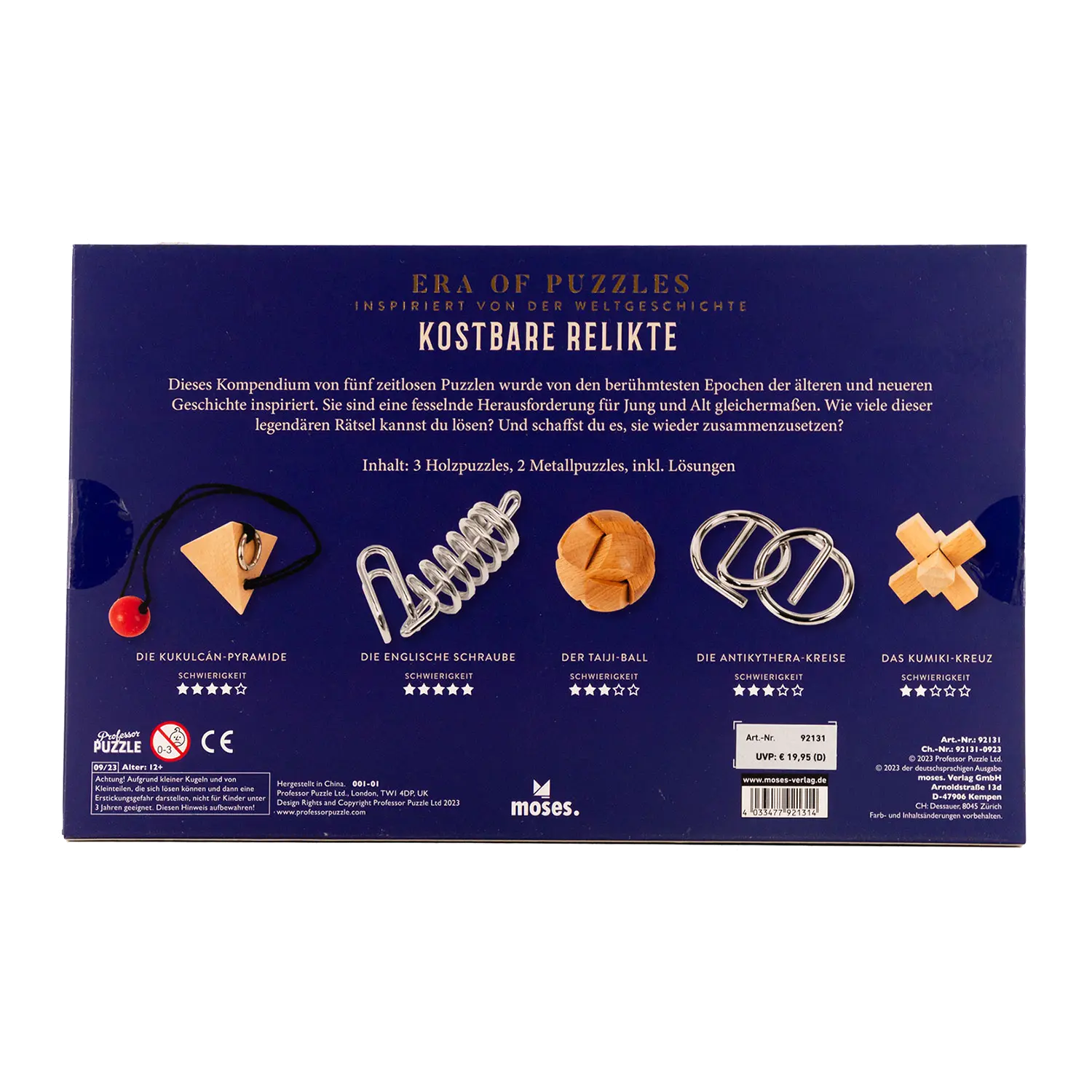 Das Puzzle-Set „Era of Puzzles – Kostbare Relikte“ verzaubert Puzzle-Liebhaber mit seinen raffinierten Designs und präsentiert fünf einzigartige Puzzles – eine Pyramide, eine Spirale, eine Kugel, einen Kreis und ein Kreuz. Jedes Teil ist von historischen Epochen inspiriert und umfasst sowohl Metall- als auch Holzpuzzles für ein intensives haptisches Erlebnis.