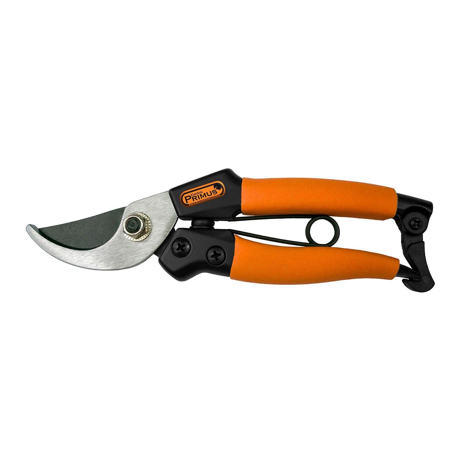 Gartenschere für Damen mit orangefarbenem Griff und Edelstahlklinge.