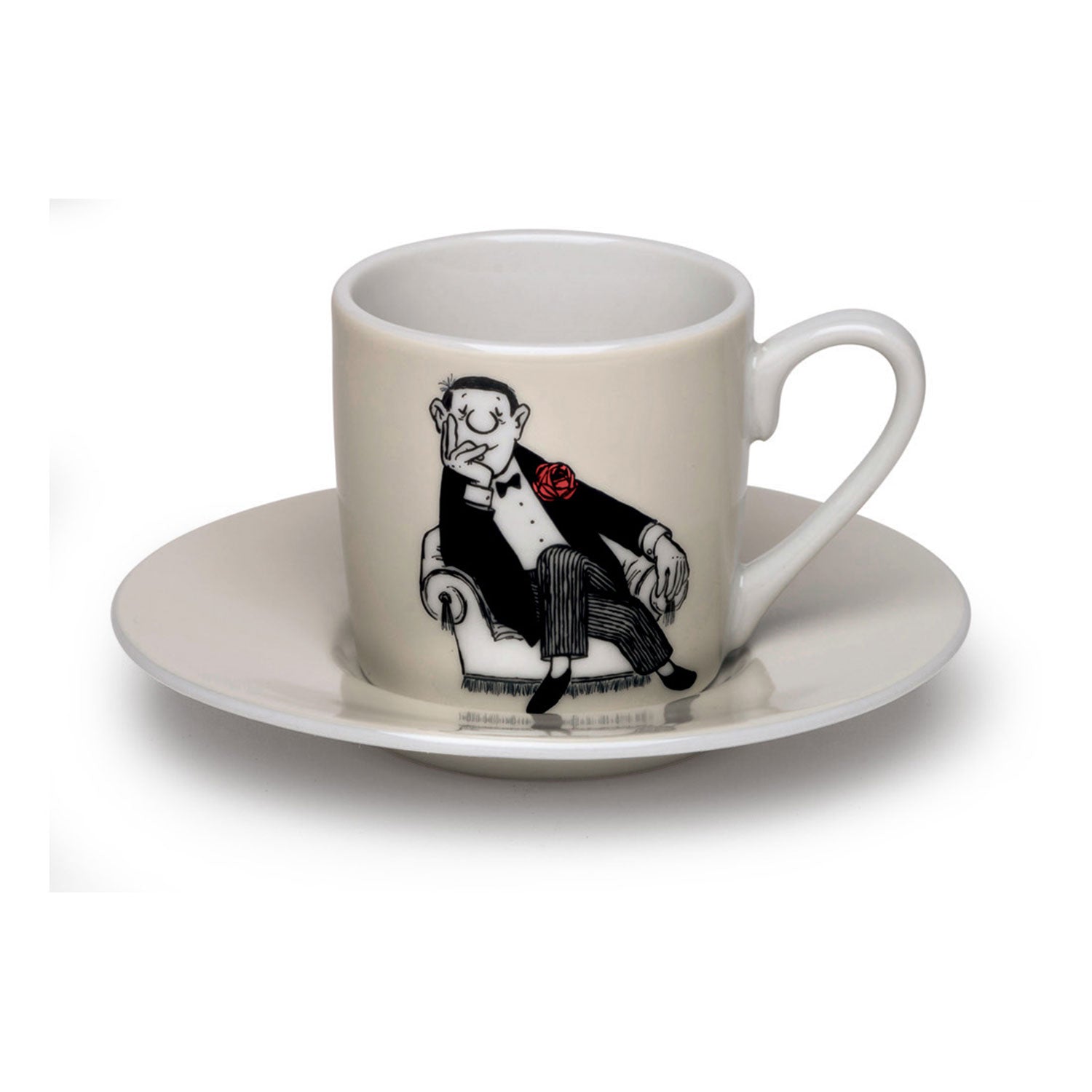 Die „4 Espressotassen mit Künstlermotiven im Set“ der ars mundi Exklusiv-Edition bestehen aus weißen Kaffeetassen und Untertassen mit eleganten Illustrationen im Stil von Vicco von Bülow. Sie zeigen eine Person im schwarzen Smoking mit einer roten Rose, die anmutig eine Tasse hält – ein künstlerisches Meisterwerk.