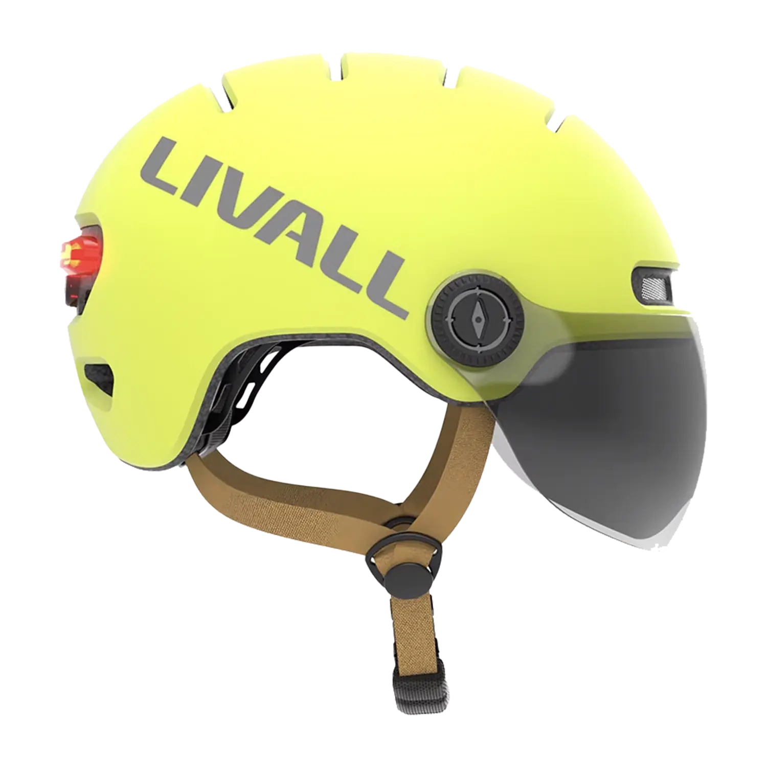 Gelber Fahrradhelm mit Visier, Bremslicht und SOS-Alarm, Seitenansicht.