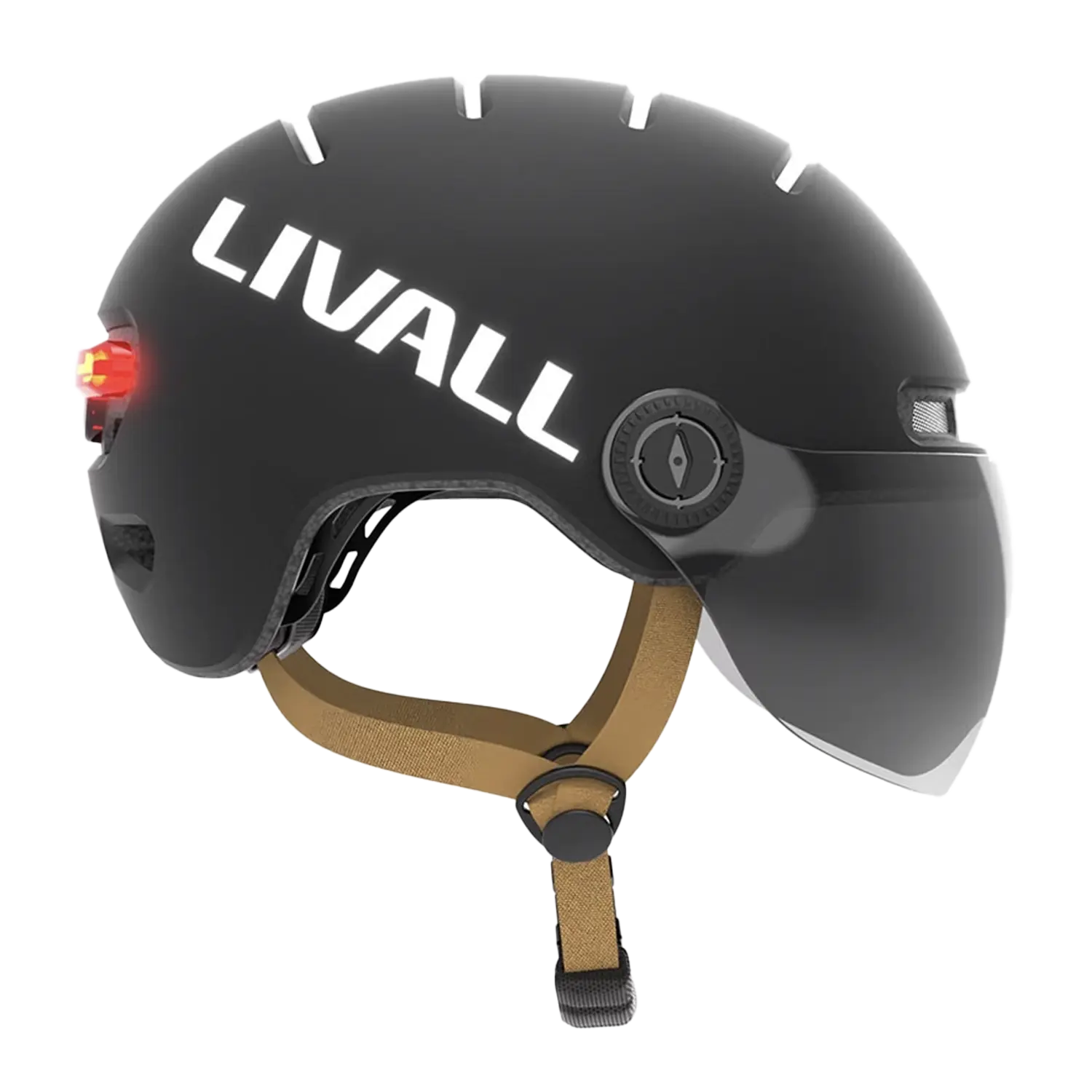 Ein schwarzer Fahrradhelm mit Visier, Bremslicht und SOS-Alarm, einem verstellbaren Zifferblatt, einem hellbraunen Kinnriemen, einem roten LED-Rücklicht und einem klaren Vordervisier.