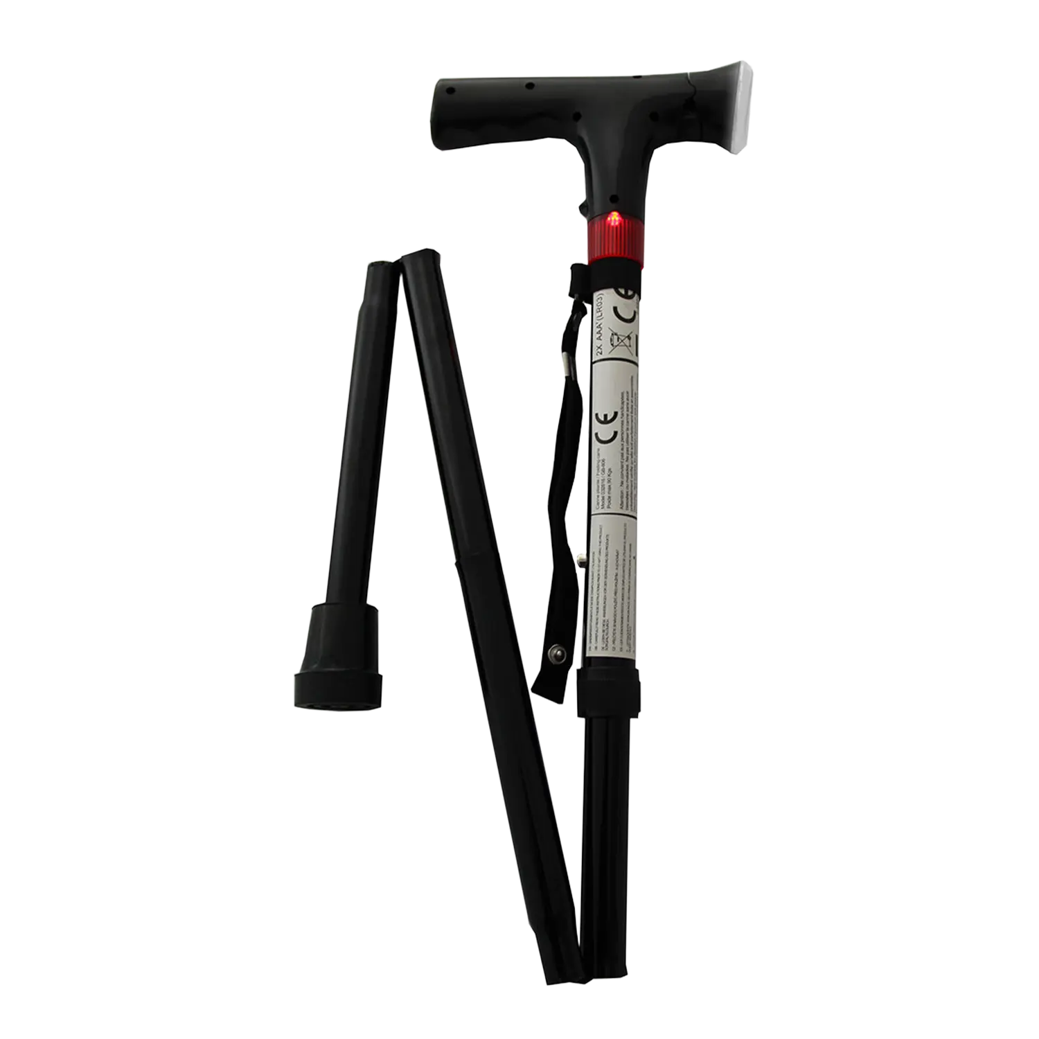 Schwarzer "Be Safe"-Faltstock mit ergonomischem Griff, LED-Licht und Gummispitze.