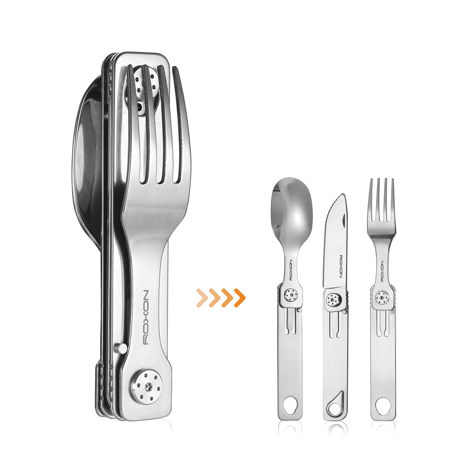 Das Faltbare Besteck-Set besteht aus Löffel, Messer und Gabel. Links gefaltet und rechts einzeln präsentiert, verfügen diese Besteckteile über elegante Griffe mit Markenlogo und sind eine stilvolle Ergänzung Ihrer Camping-Besteck-Sammlung.