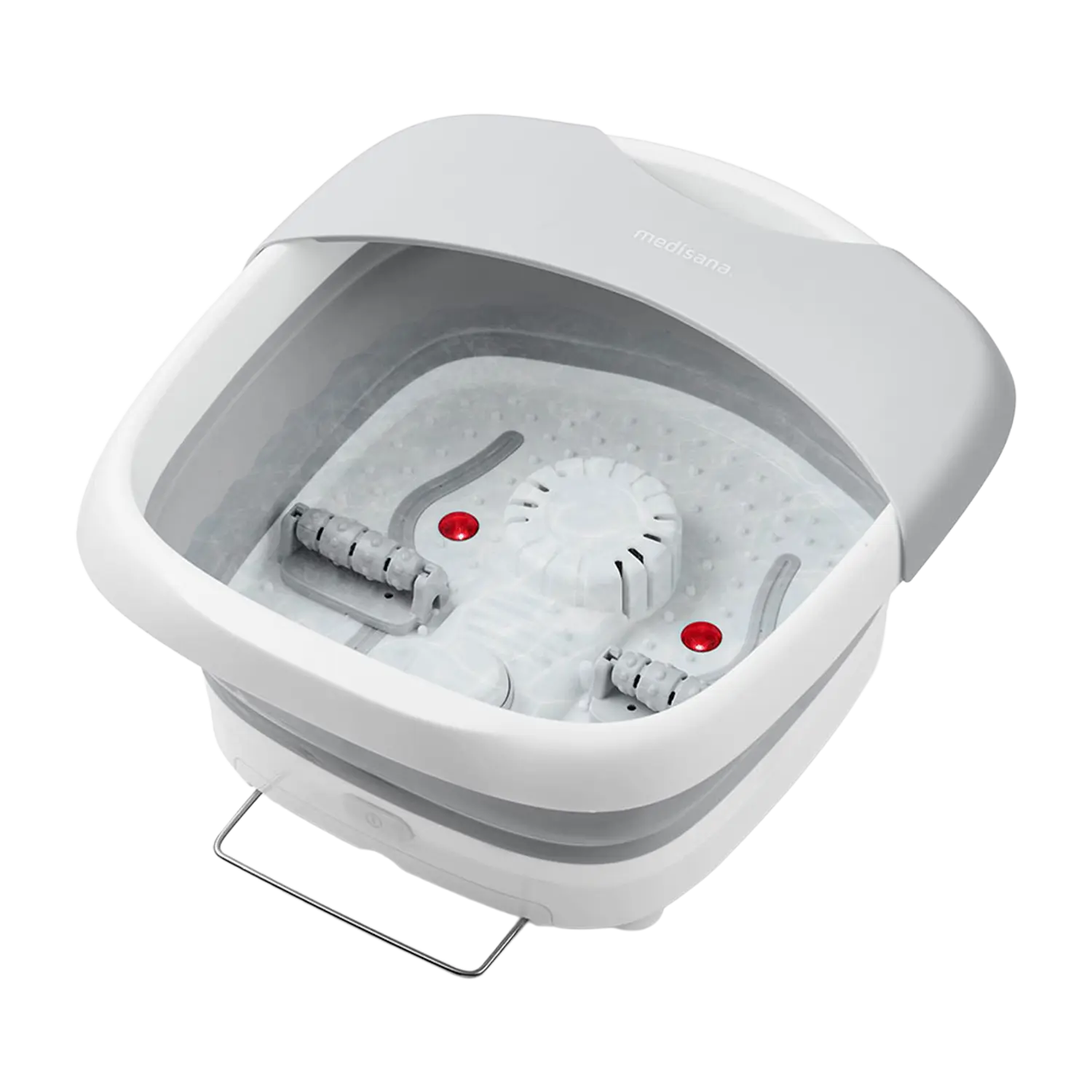 Faltbares Fußsprudelbad in Weiß-Grau mit Massage-Rollen und smartem Design.