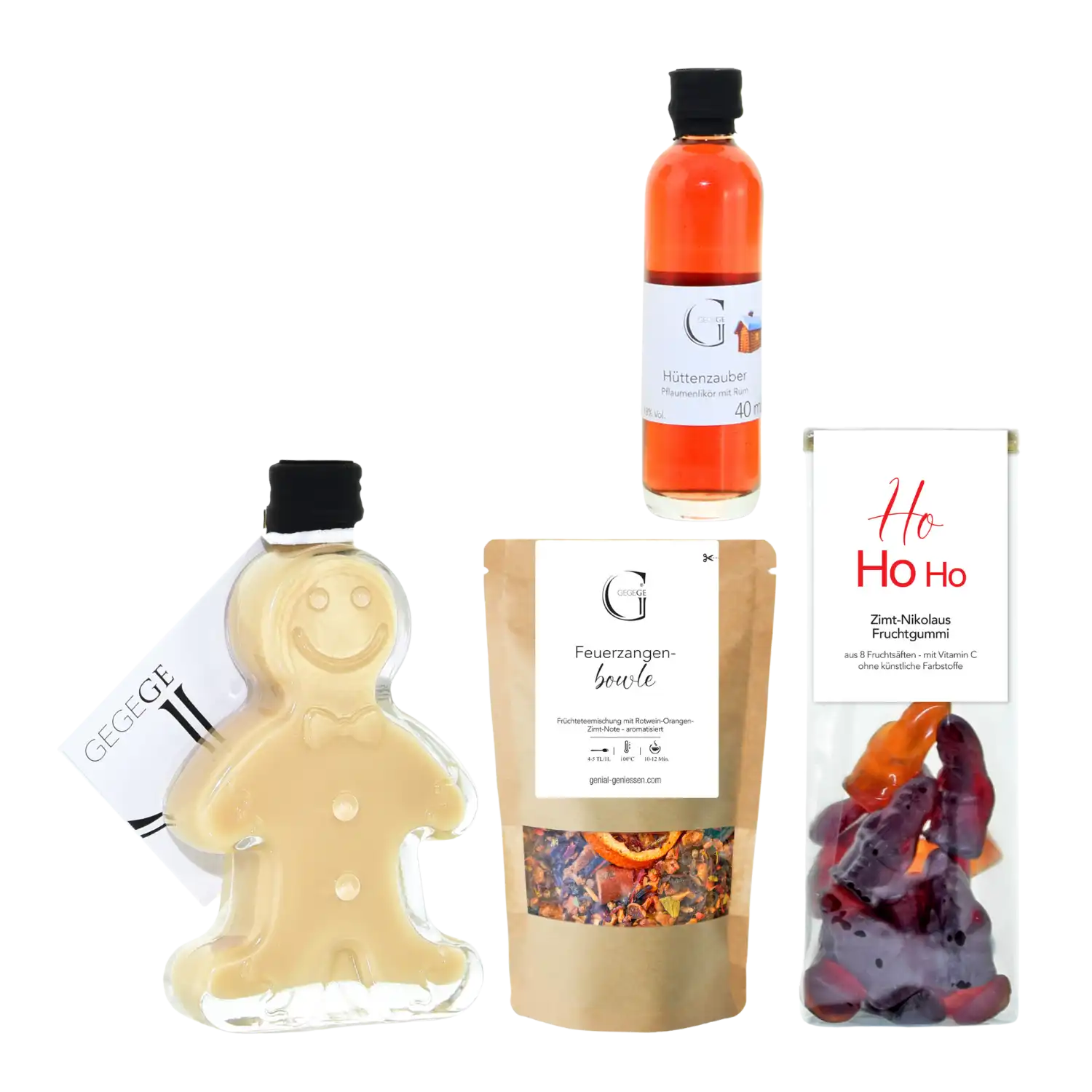 Vier weihnachtliche Leckereien, darunter Beschwipstes Christkind und eine Lebkuchenflasche.