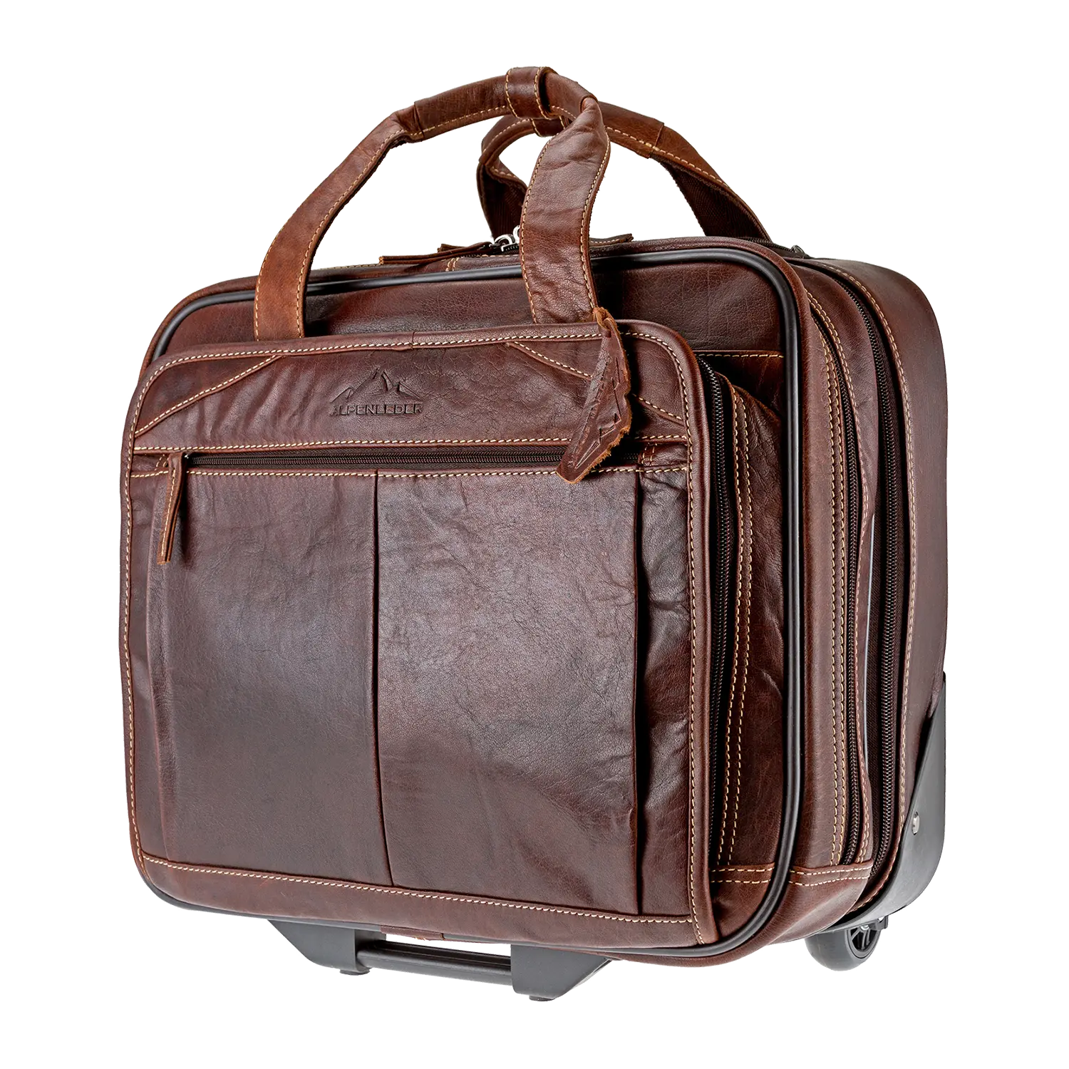 Der Akten Trolley DENVER ist eine braune Aktentasche aus Leder mit robusten Nähten, mehreren Reißverschlussfächern und stabilen Griffen. Dank seines stilvollen und kompakten Designs eignet er sich perfekt für den Einsatz im Geschäfts- oder Reisebereich.