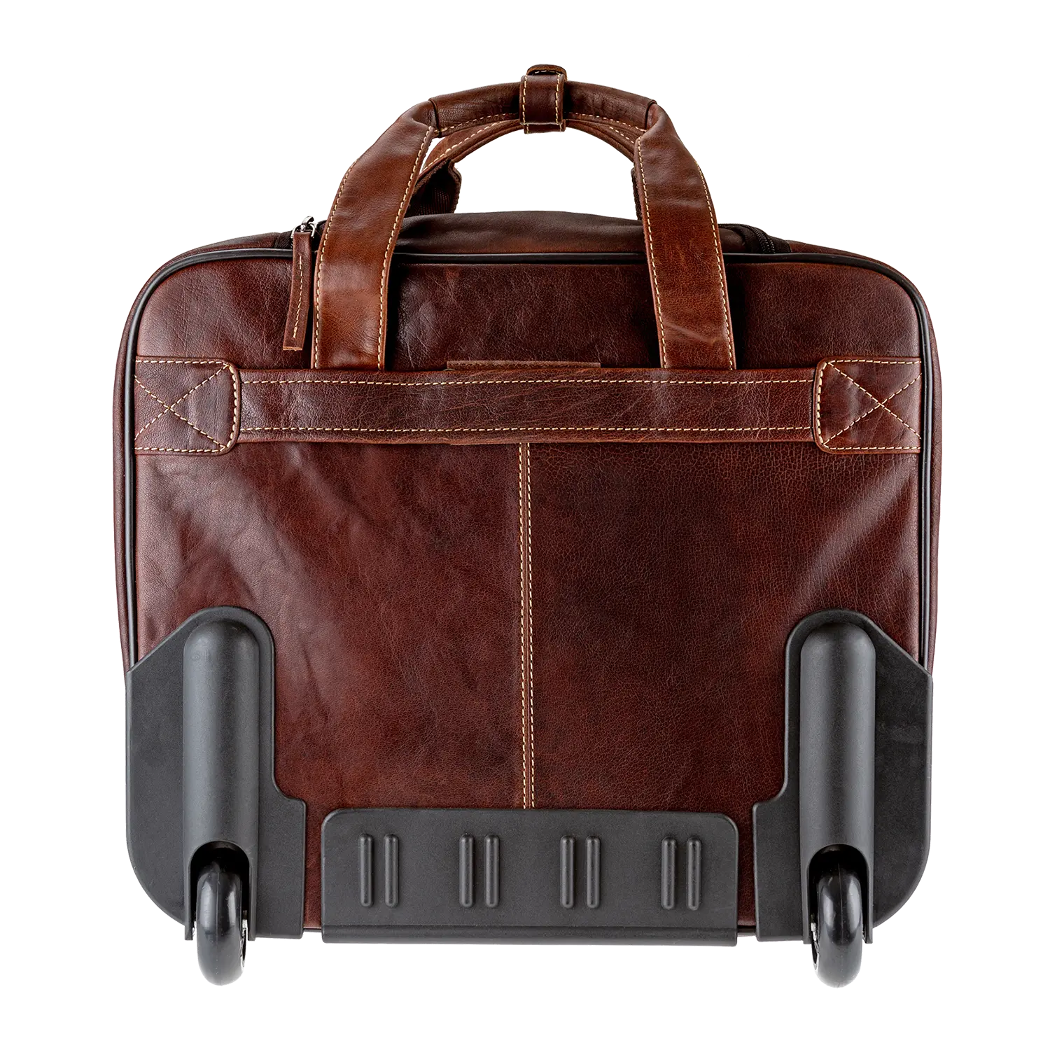 Der Akten Trolley DENVER ist eine braune Laptoptasche aus Leder mit schwarzen Rollen, einem stabilen Tragegriff und sichtbaren Nähten für einen eleganten Look. Die Rückseite zeigt die Rollen und die schützende Unterkante – ideal für unterwegs.
