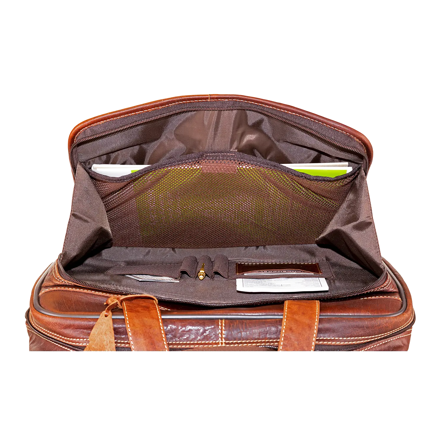 Offener Akten-Trolley DENVER aus braunem Leder mit geräumigem Innenraum und Fächern für Dokumente, ein Notizbuch und zwei Stifte. Die Tasche verfügt über stabile Tragegriffe und elegante weiße Nähte.