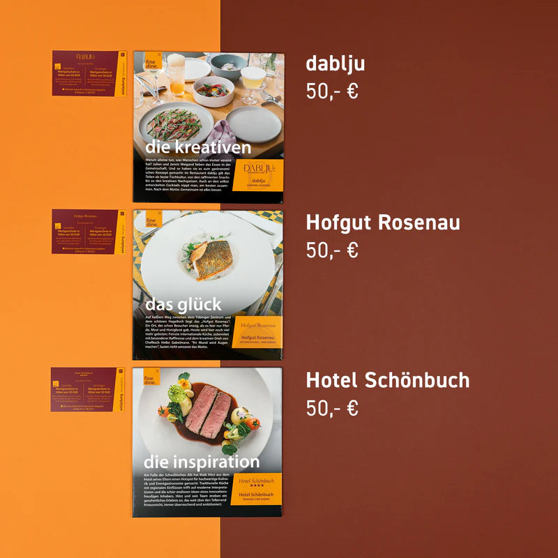 Fine Dine Box Neckar-Alb 2026 Speisekarten auf braunem und orangem Hintergrund.