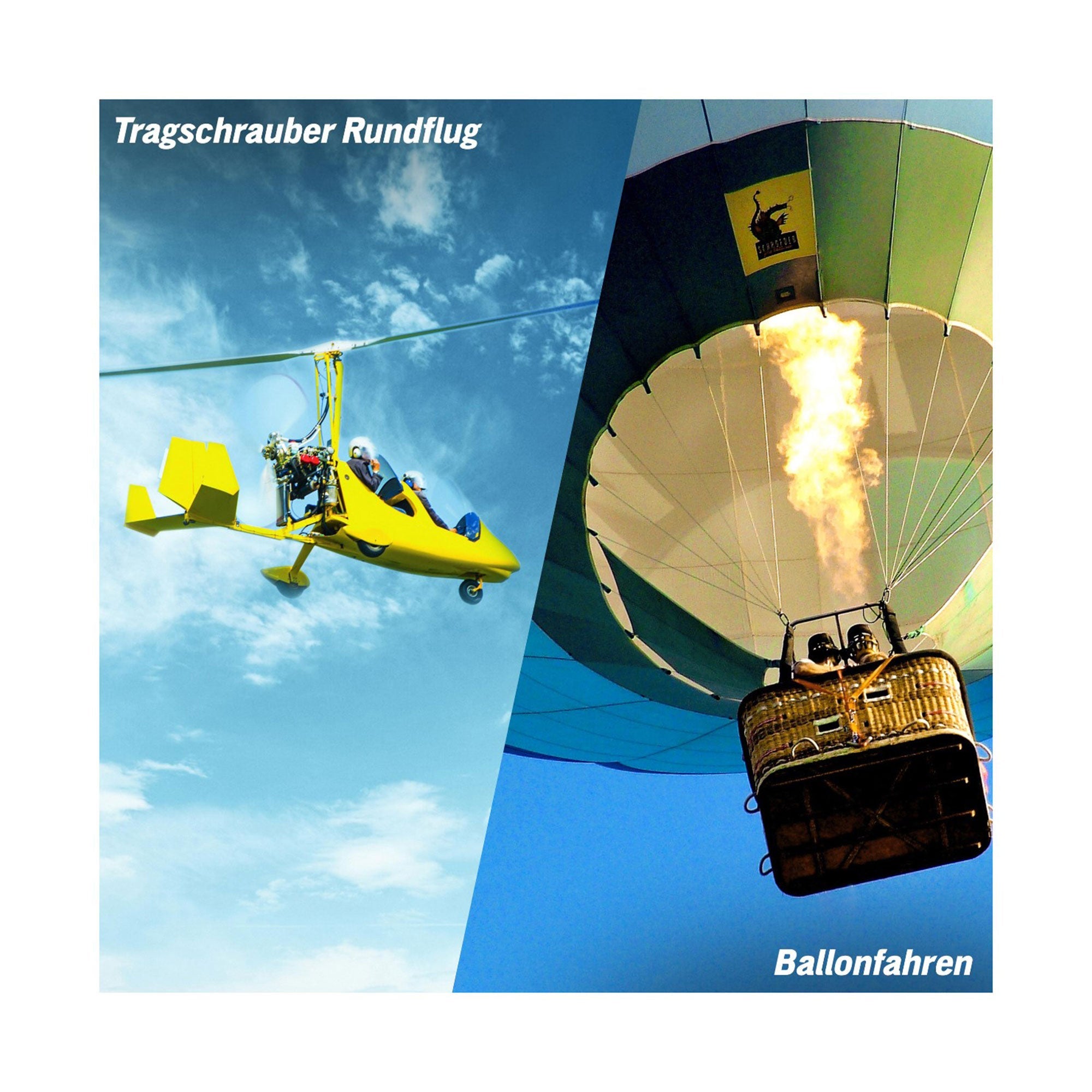 Bildaufteilung: Links fliegt unter „Tragschrauber Rundflug“ ein gelber Tragschrauber. Rechts schwebt unter „Ballonfahren“ ein Heißluftballon mit brennendem Brenner. Entdecken Sie einzigartige Flugerlebnisse in der Geschenkbox Fliegen & Fallen.