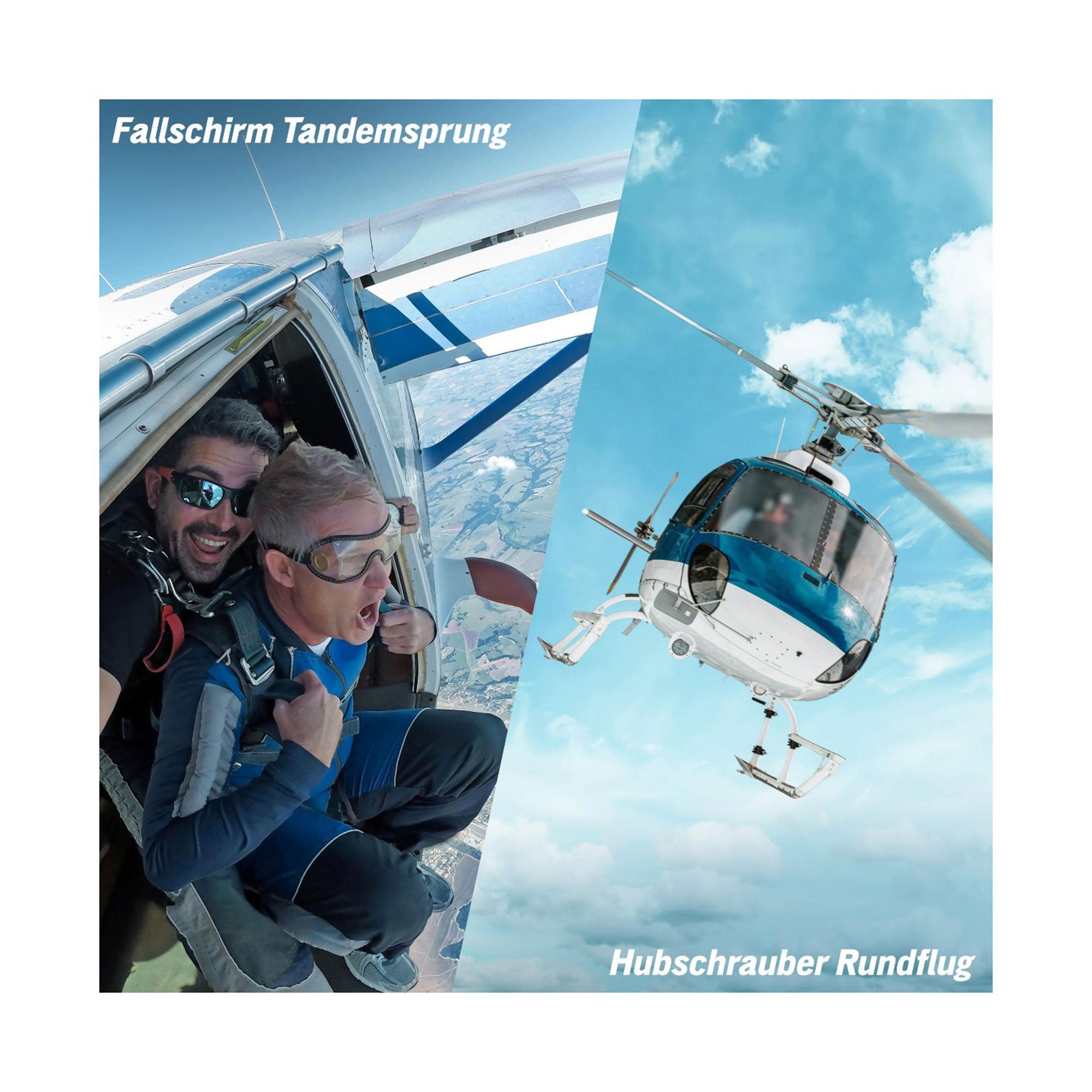 Zwei Bilder: links ein Duo, das sich auf einen aufregenden Tandem-Fallschirmsprung vorbereitet; Rechts: ein blau-weißer Hubschrauber, der durch die Wolken navigiert. Der Text lautet „Fallschirm Tandemsprung“ und „Hubschrauber Rundflug“. Erleben Sie unvergessliche Momente mit der Geschenkbox Fliegen & Fallen.