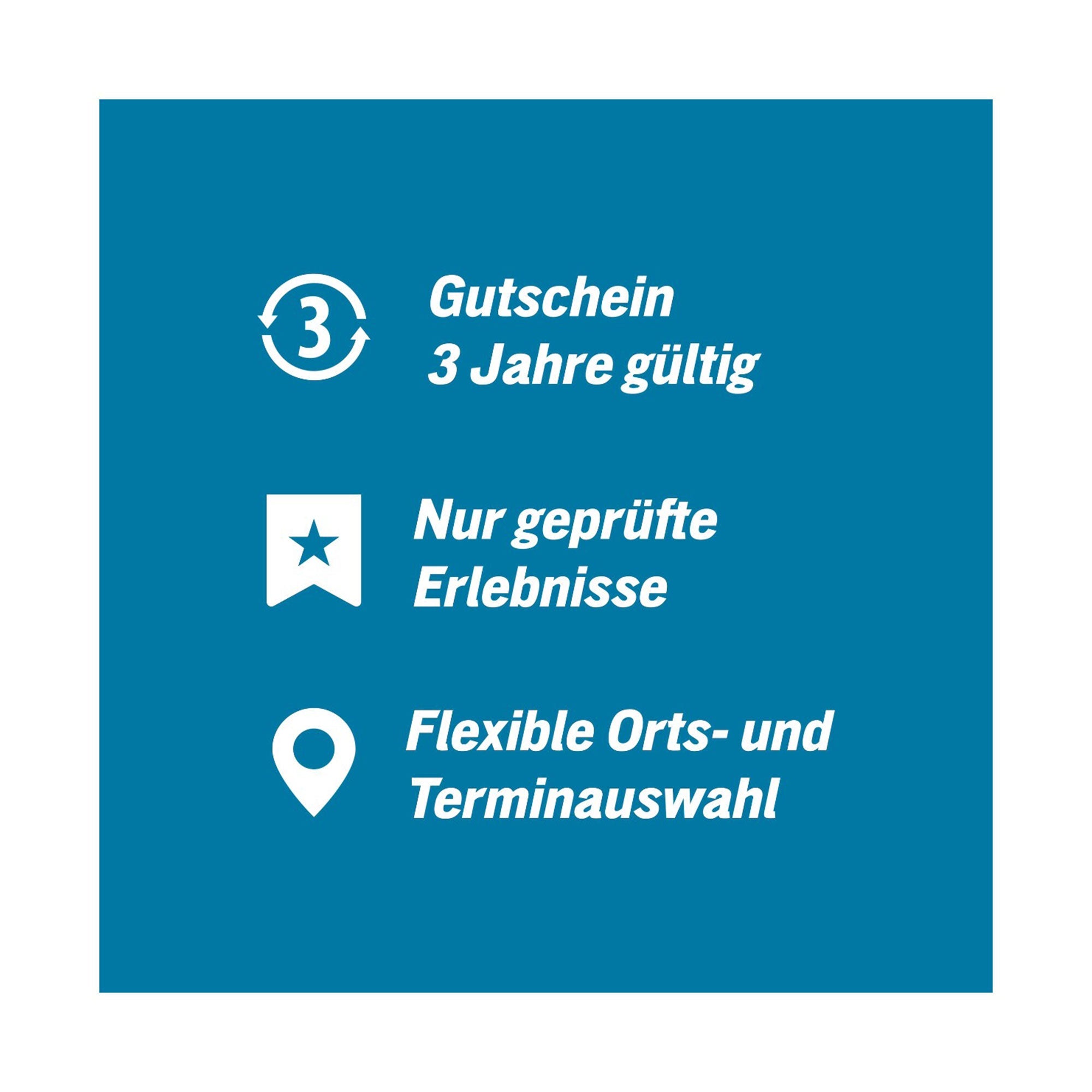 Der blaue Hintergrund zeigt drei weiße Symbole: einen kreisförmigen Pfeil mit „3 Jahre gültig“, ein Lesezeichen mit „Nur geprüfte Erlebnisse“ und einen Ortspin für „Flexible Orts- und Terminauswahl“. Ideal für Luftfahrtbegeisterte, die ultimative Geschenkbox Fliegen & Fallen.