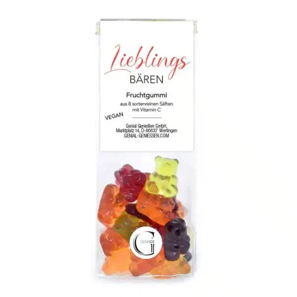 Eine durchsichtige Tüte mit bunten veganen Gummibärchen mit der Aufschrift Lieblings Bären.
