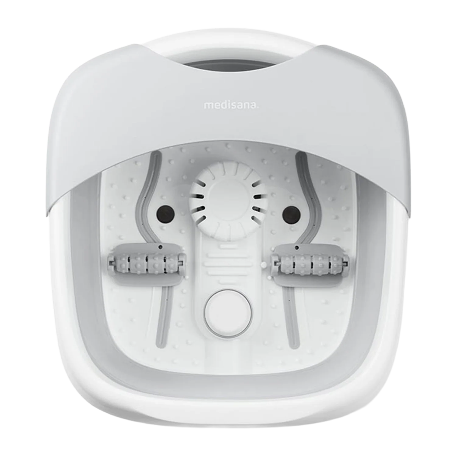Faltbares Fußsprudelbad in Weiß-Grau mit Massage-Rollen und Flexbox-Design.