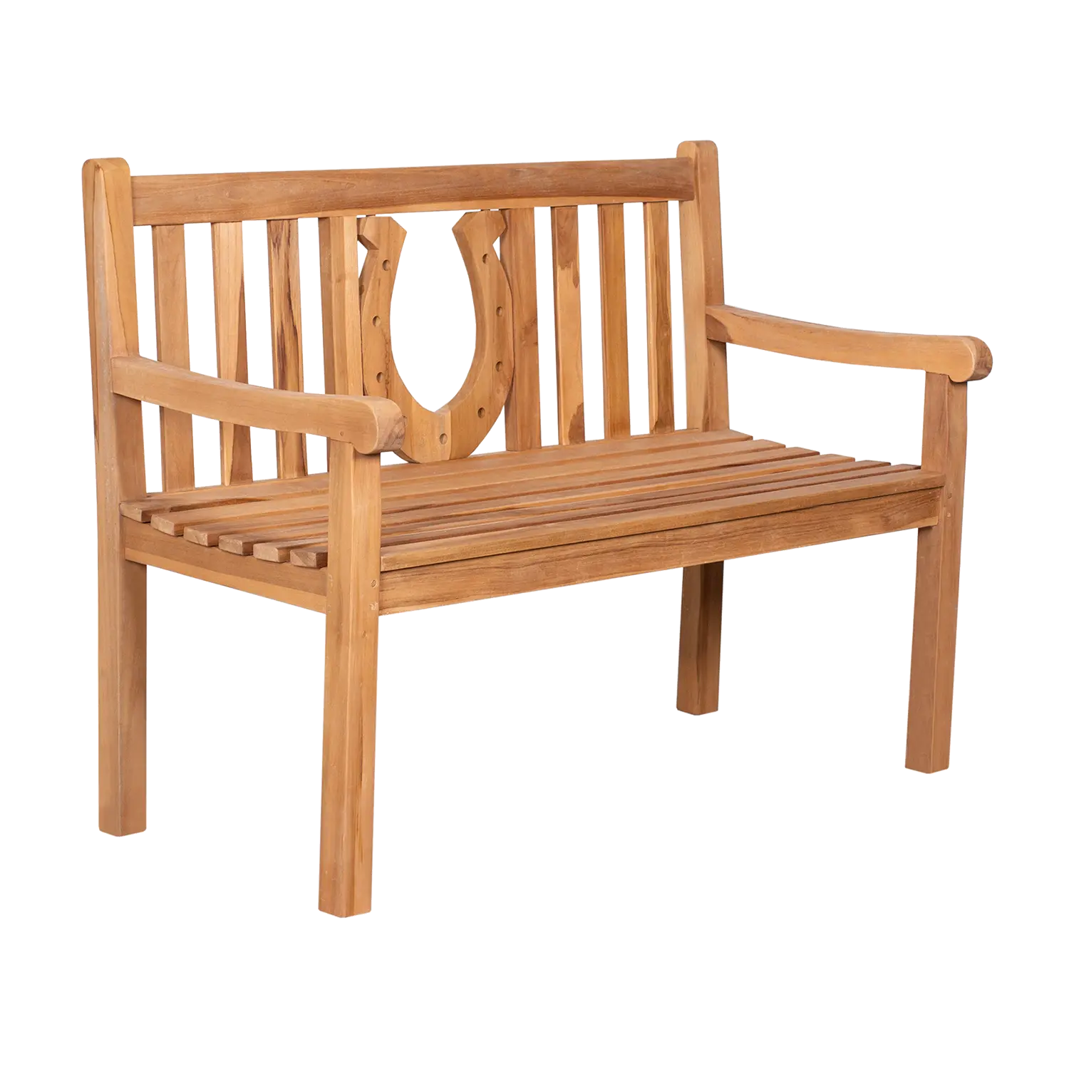 Die Teak-Gartenbank Hufeisen ist eine vielseitige Gartenbank aus Teakholz mit Lattenrost-Rückenlehne und Sitzfläche, dekorativem Hufeisen-Motiv in der Mitte, Armlehnen und einer natürlichen Holzoberfläche für den Außen- und Innenbereich.
