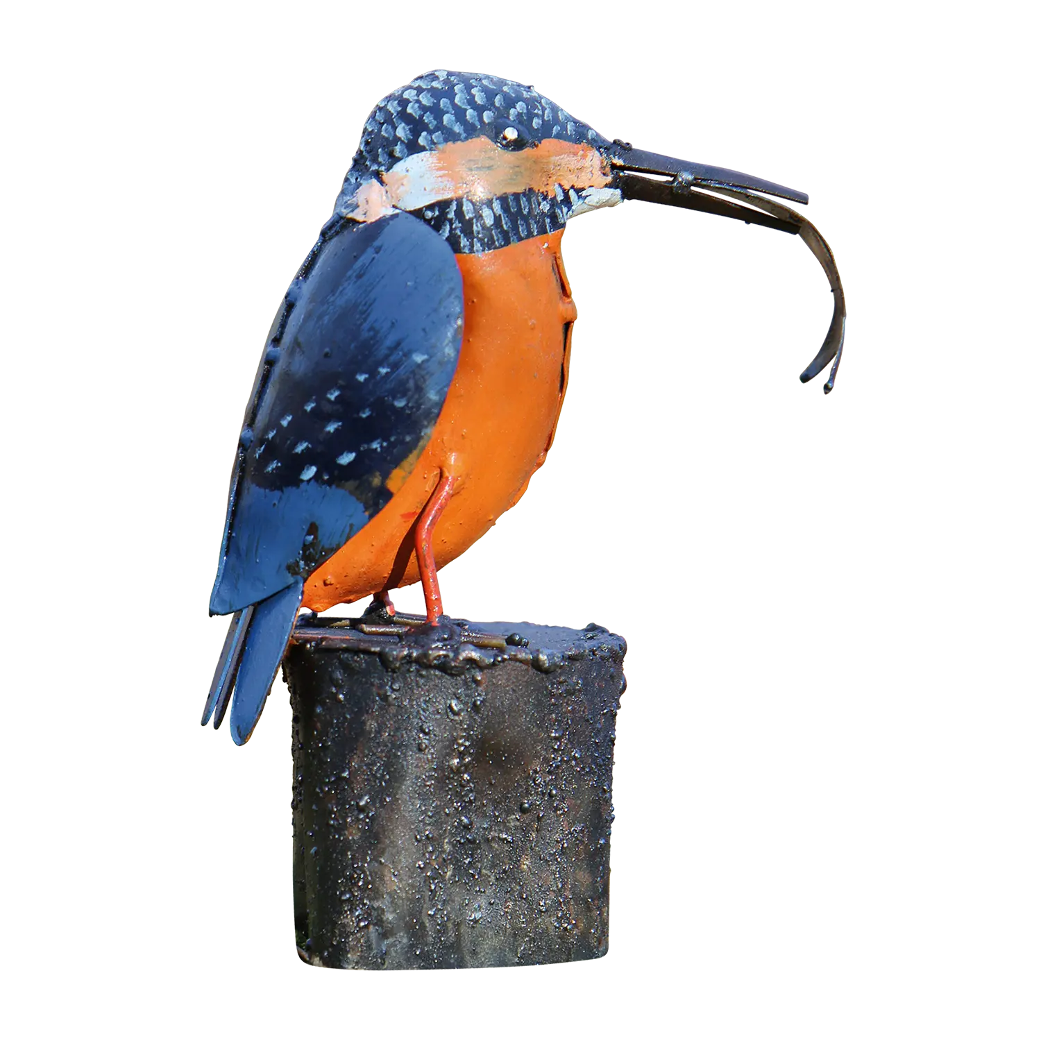 Eisvogel-Gartenfigur aus Metall mit Fisch im Schnabel 