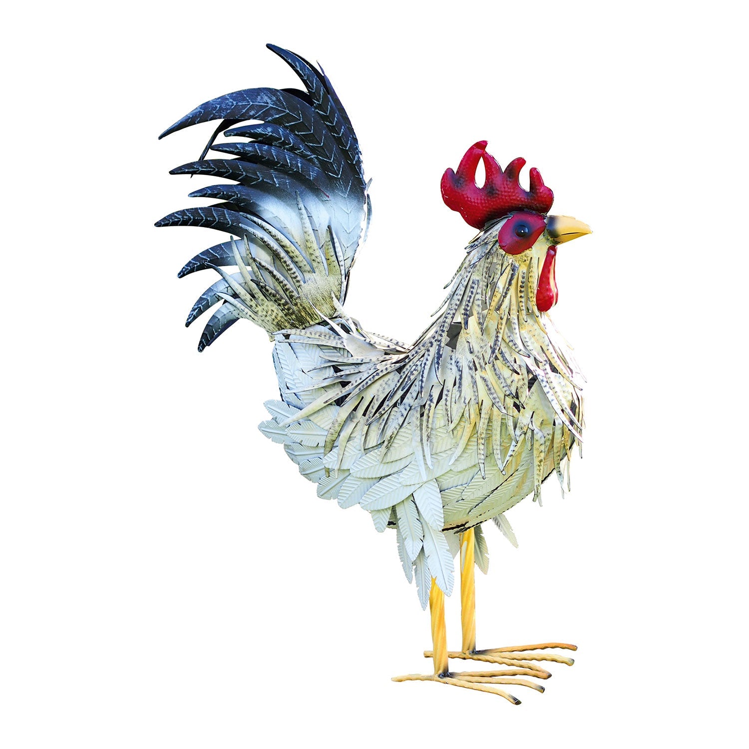 Die detailreiche, handgefertigte Metallskulptur „Hahn Fritz“ ist mit mehrfarbigen Federn in Silber, Schwarz und Rot verziert. Sie steht aufrecht und hat auffällig gebogene und geschichtete Schwanzfedern, was sie zu einer idealen Gartenskulptur mit dynamischer Ausstrahlung macht.