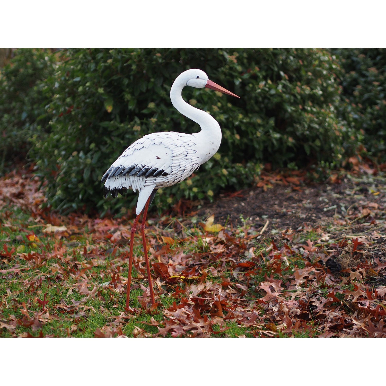 Die Gartenfigur „Storch“, eine Metallskulptur eines weißen Storchs mit schwarzen Markierungen und einem langen roten Schnabel, steht inmitten von gefallenen Herbstblättern und grünem Gras und bildet ein atemberaubendes Dekorationsstück vor den dichten grünen Sträuchern.