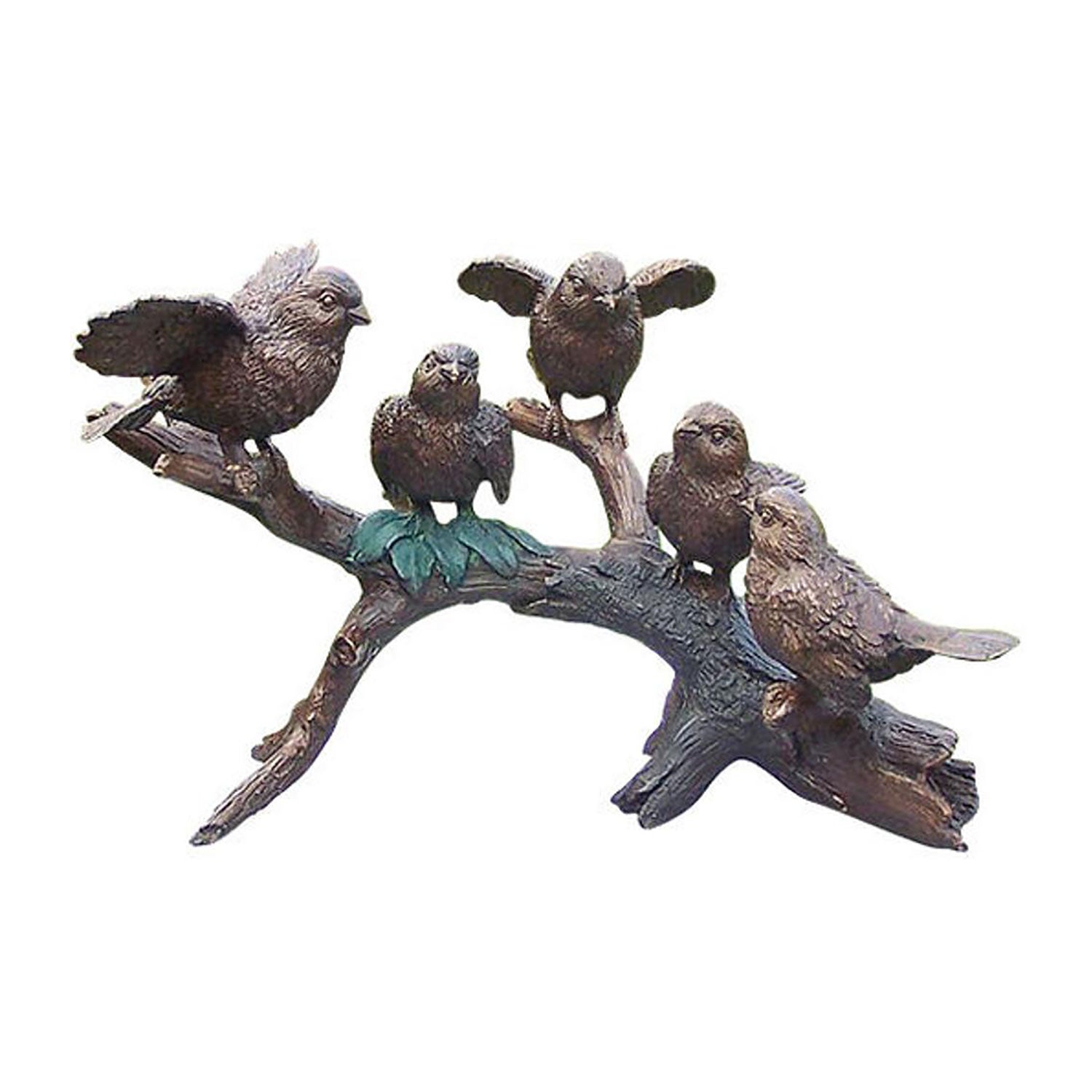 Die Gartenskulptur „Vögel auf Ast“ (groß) zeigt ein bronzenes Kunstwerk mit fünf Vögeln auf einem Ast, von denen einer seine Flügel ausbreitet. Diese naturgetreue Skulptur fängt eine lebendige Szene mit komplexen Blattdetails ein und zeigt außergewöhnliche Kunstfertigkeit und die natürliche Schönheit der Wildnis.