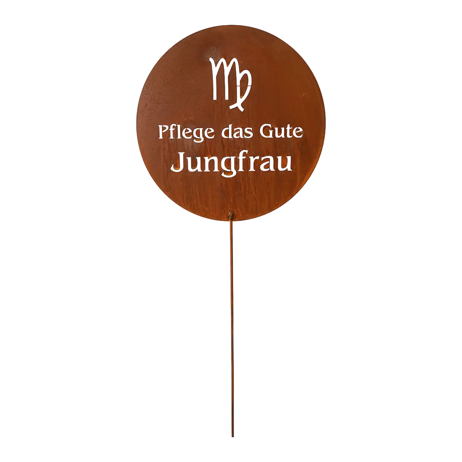 Rundes Edelrost Schild "Pflege das Gute Jungfrau" - Gartenfigur Jungfrau Metall