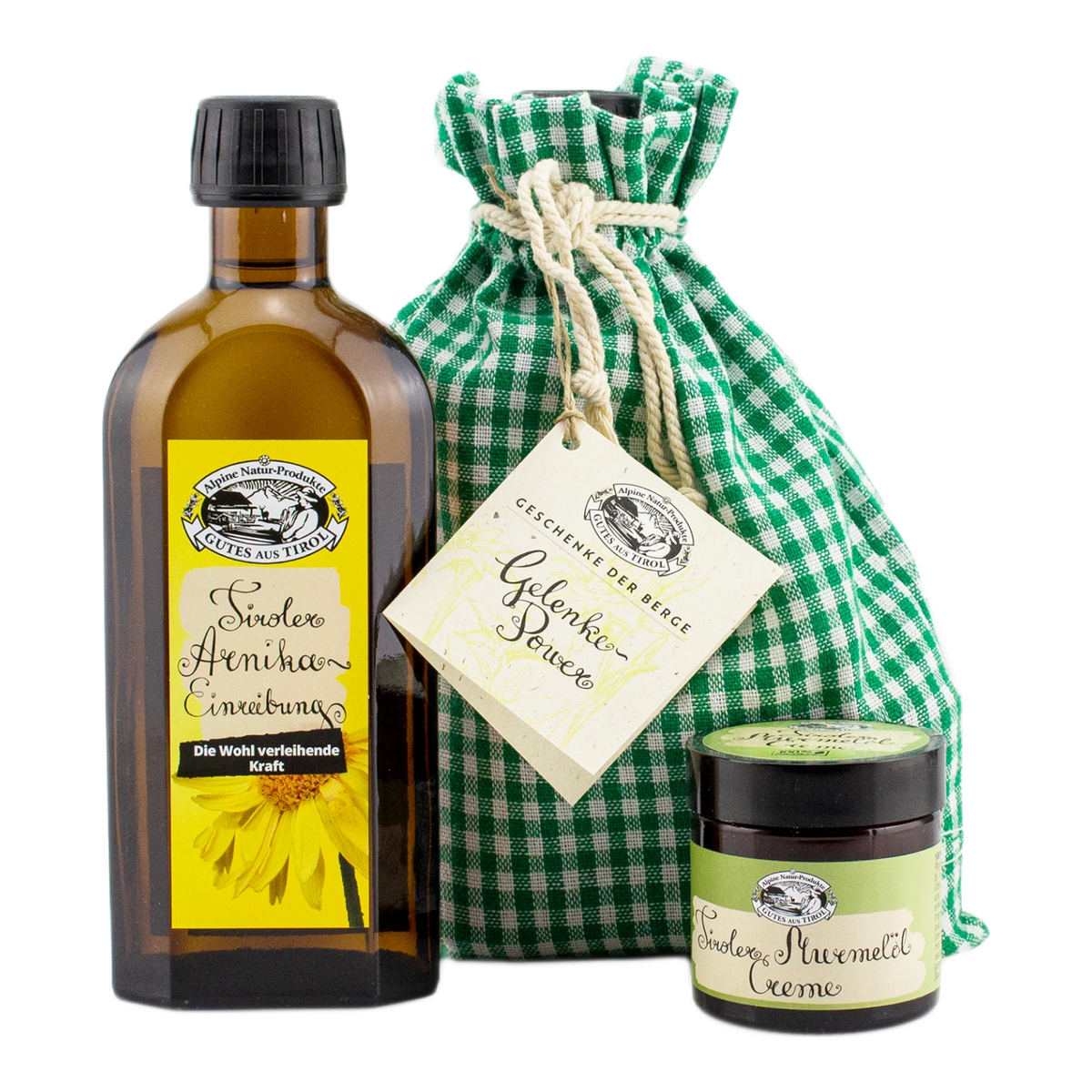 Gelenke POWER Set mit Tiroler Arnika-Einreibung, Murmelöl-Creme und grün kariertem Stoffbeutel mit Anhänger