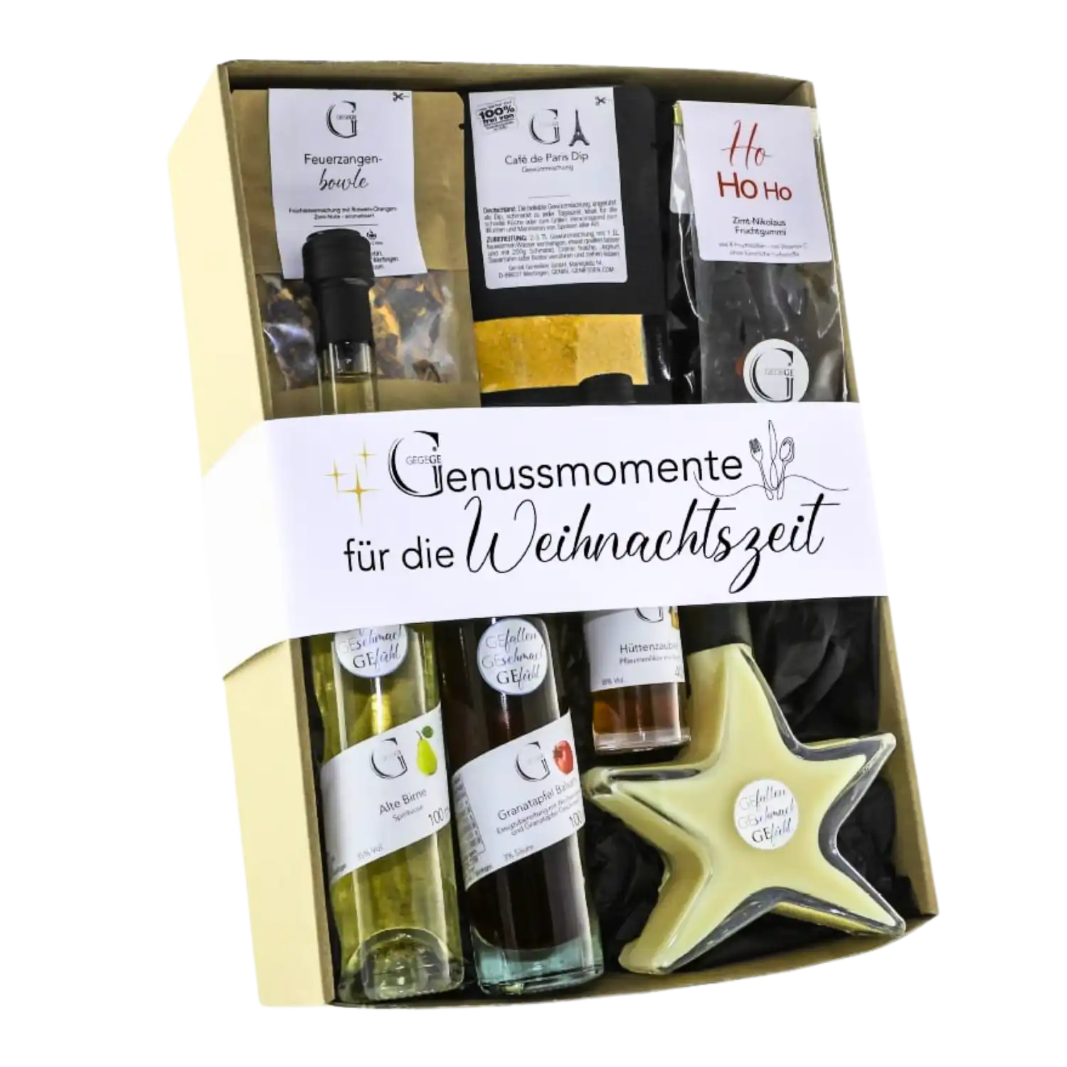 Genussmomente für die Weihnachtszeit: Set mit Leckereien und Stern-Highlight.