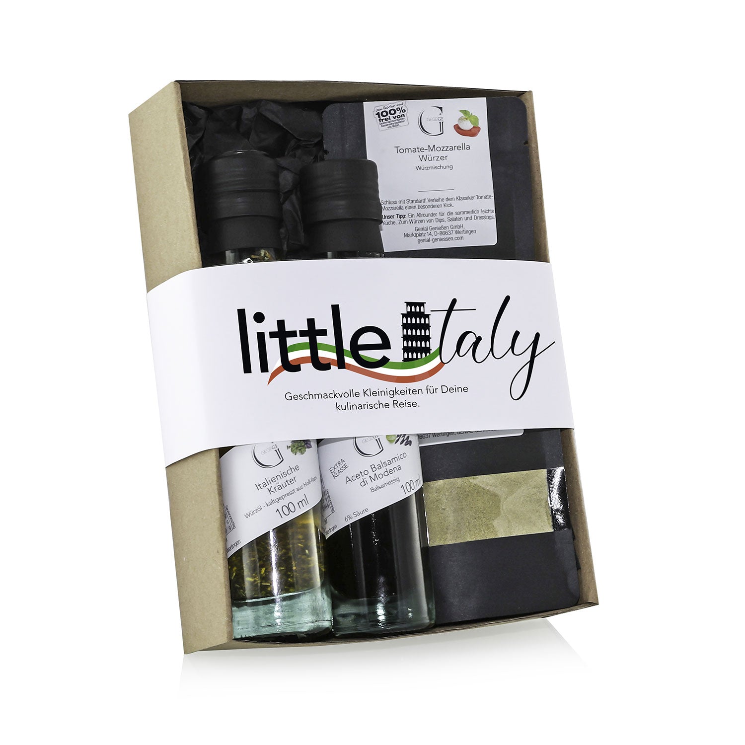Das „Little Italy – Geschenkset“ beinhaltet ein Mini-Weißöl, dunklen Aceto Balsamico di Modena und italienische Kräuter zur Tomaten-Mozzarella-Würzung, alles in edlem schwarzen Papier mit transparentem Umschlag.