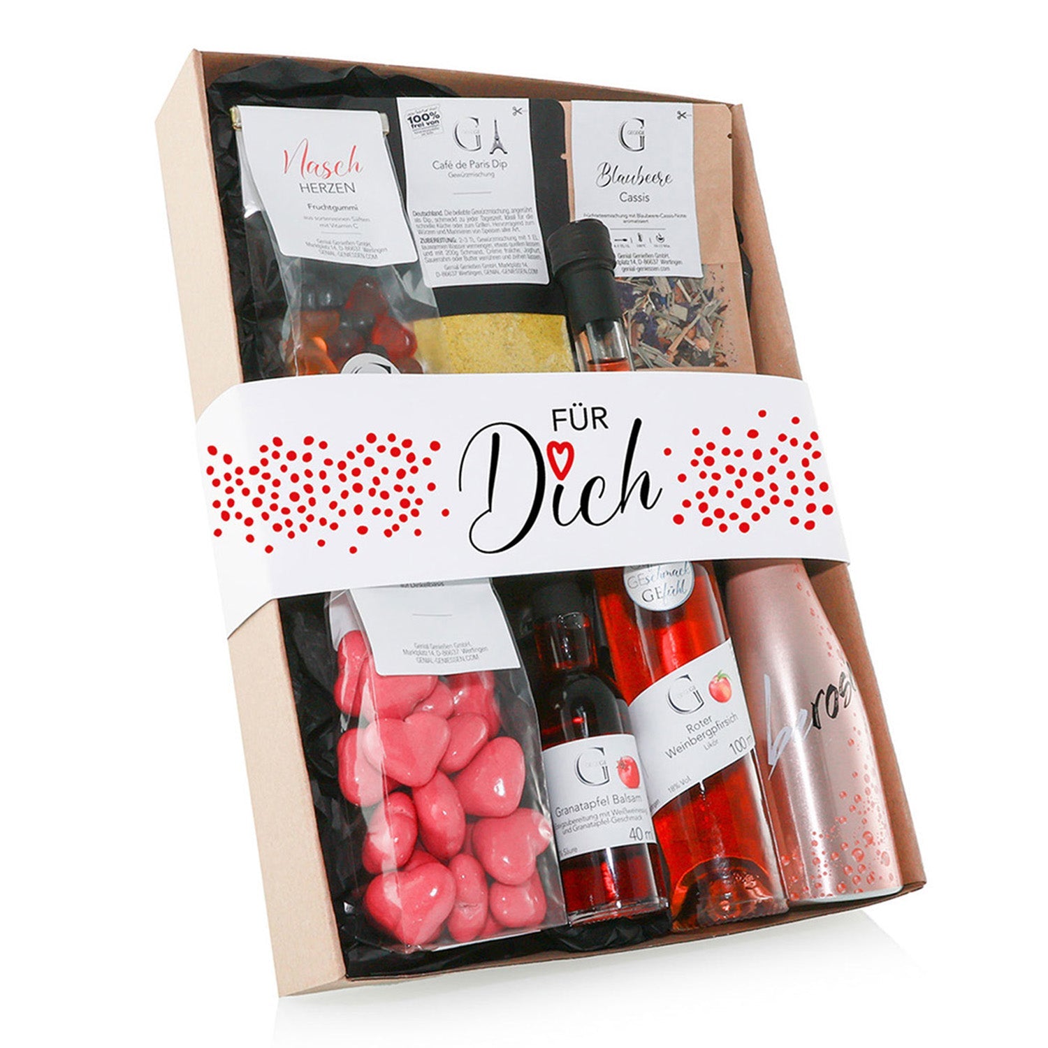 Das „Für Dich – Geschenk-Set“ bietet ein Geschmackserlebnis mit einer Auswahl an Süßigkeiten, Nudeln, Saucen und einer rosa Flasche. Die herzförmige Box mit dem Etikett, die jedes Produkt in einem stabilen Kartonrahmen schön präsentiert, ist ideal für kulinarischen Genuss.