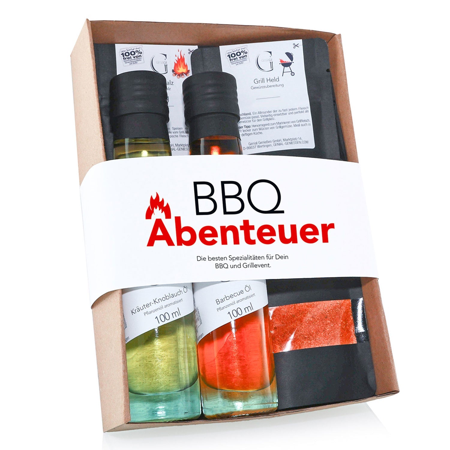 Das „BBQ Abenteuer – Grill Geschenkset“ ist perfekt für jeden Grillhelden. Es enthält zwei 100-ml-Flaschen Kräuter-Knoblauchöl und Barbecue-Öl sowie ein Tütchen rotes Gewürz. Die schlichte Verpackung präsentiert die wichtigsten Grillutensilien und ist ideal für Grillabenteuer.