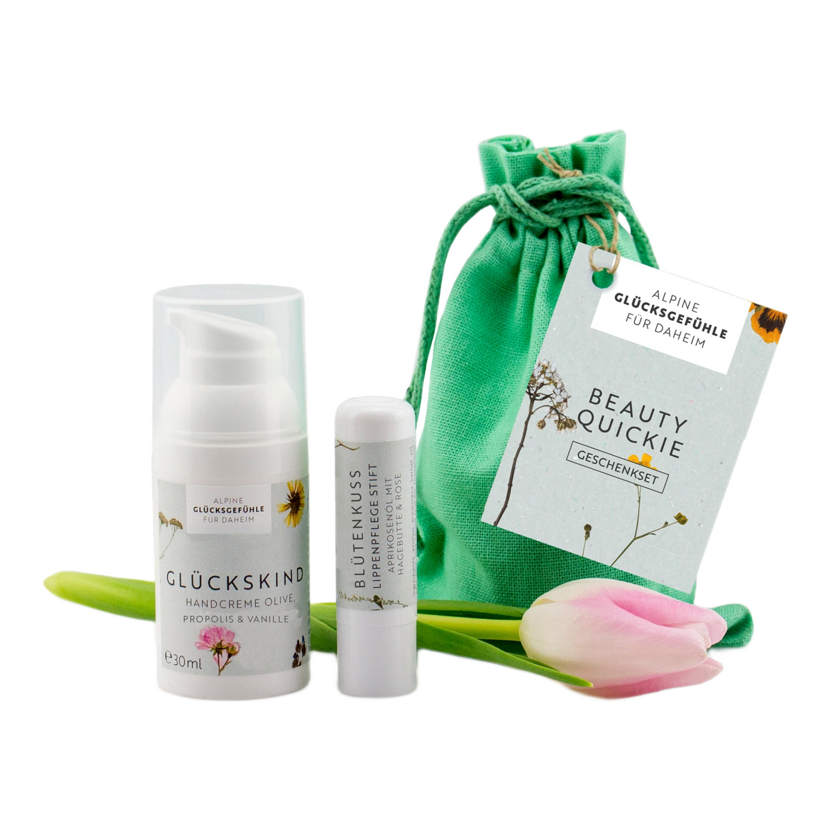 Geschenkset Beauty-Quicky mit Handcreme Glückskind, Lippenpflegestift Blütenkuss und grünem Stoffbeutel