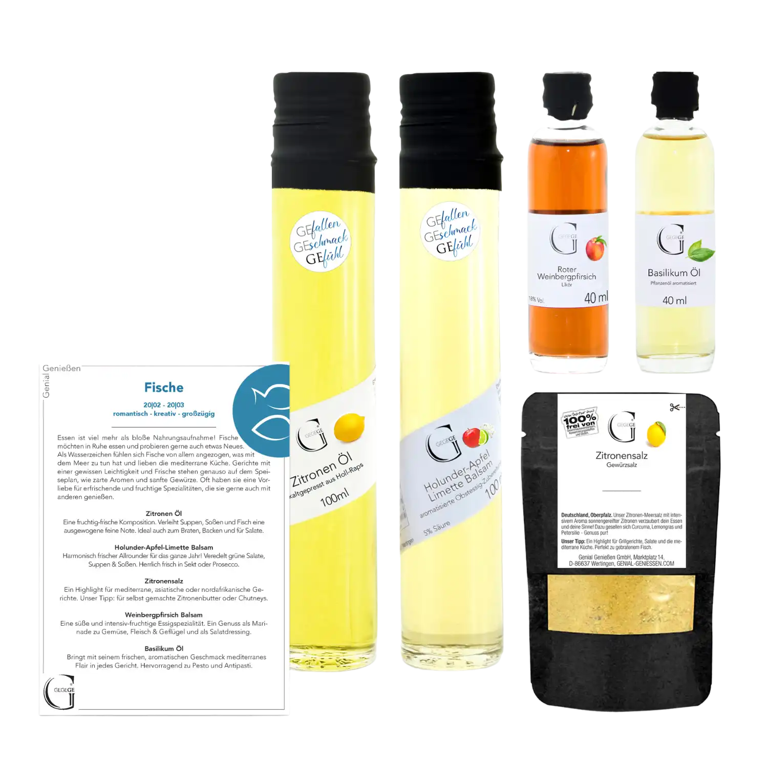 Das Sternzeichen-Set – Fische beinhaltet zwei Flaschen gelbes Öl, eine kleinere Flasche orangefarbene Flüssigkeit, eine kleine Flasche grünes Basilikumöl, Zitronensalz und eine Rezeptkarte mit dem Titel „Fische“.