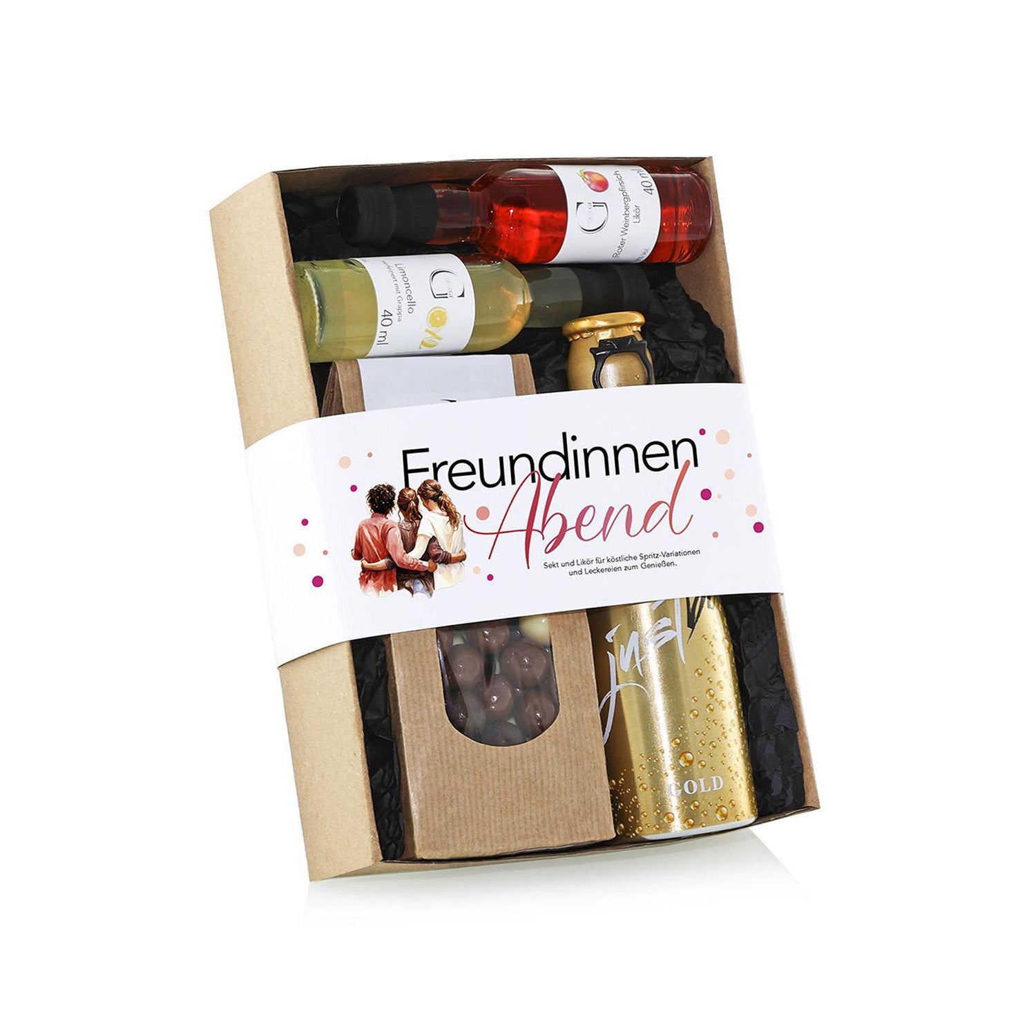 Das Freundinnen Abend Geschenkset S ist ein wunderschönes Geschenk zum Mädelsabend. Es enthält zwei Weinflaschen, eine goldene Dose und Pralinen, elegant arrangiert in einer braunen Schachtel mit schwarzem Innenfutter. Perfekt als Geschenk für die beste Freundin!.