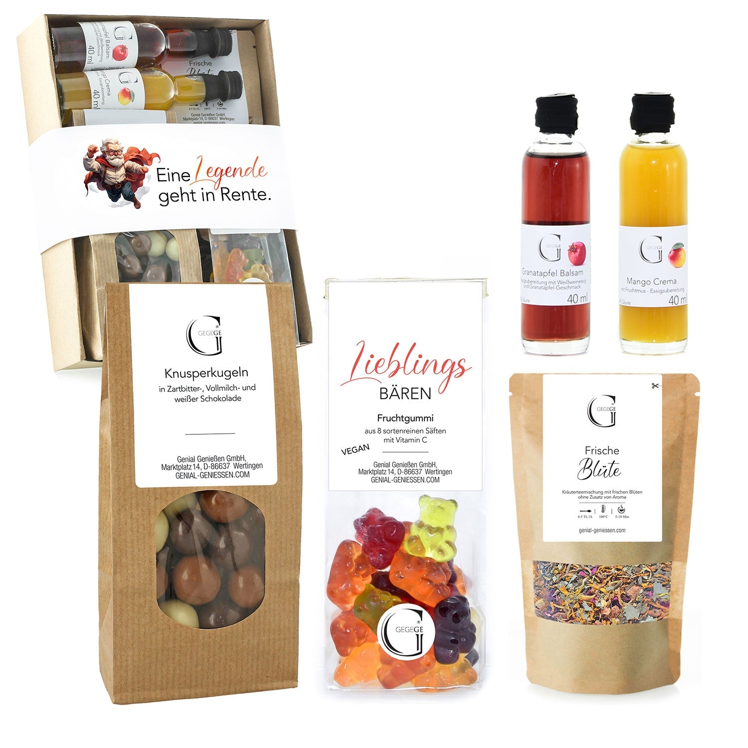 Das Set „Geschenk zur Rente Mann“ beinhaltet zwei Gourmet-Essige, gemischte Schokokugeln, Gummibärchen und getrocknete Blütenblätter.