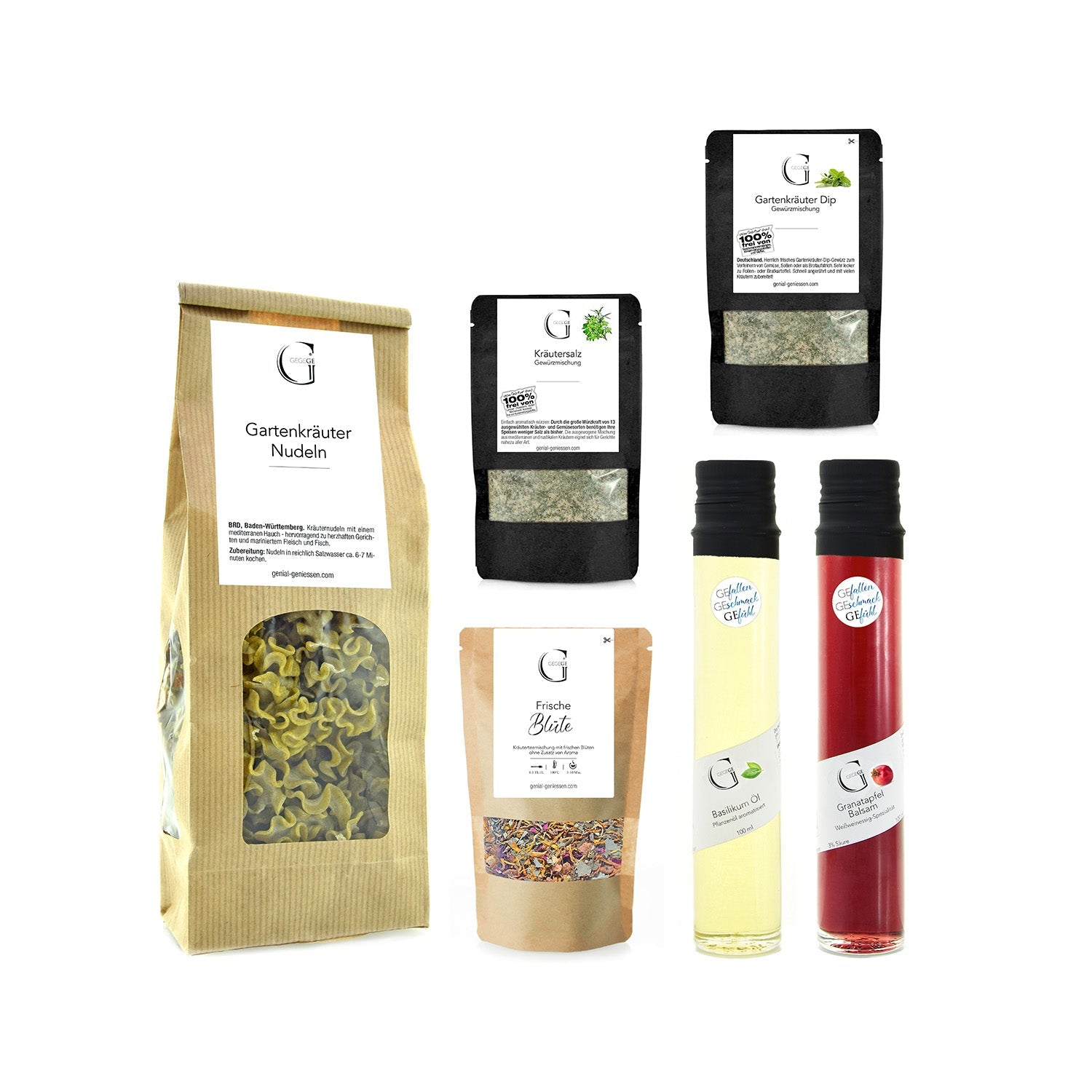 Das Gartenglück – Geschenkset enthält Gourmetartikel wie Gartenkräuternudeln in einem braunen Kraftbeutel, Kräuter, schwarze Beutel mit botanischen Motiven, Trockenblumen in Plastikbehältern und zwei Flaschen Granatapfelbalsam oder aromatisierte Öle in klarem Glas.