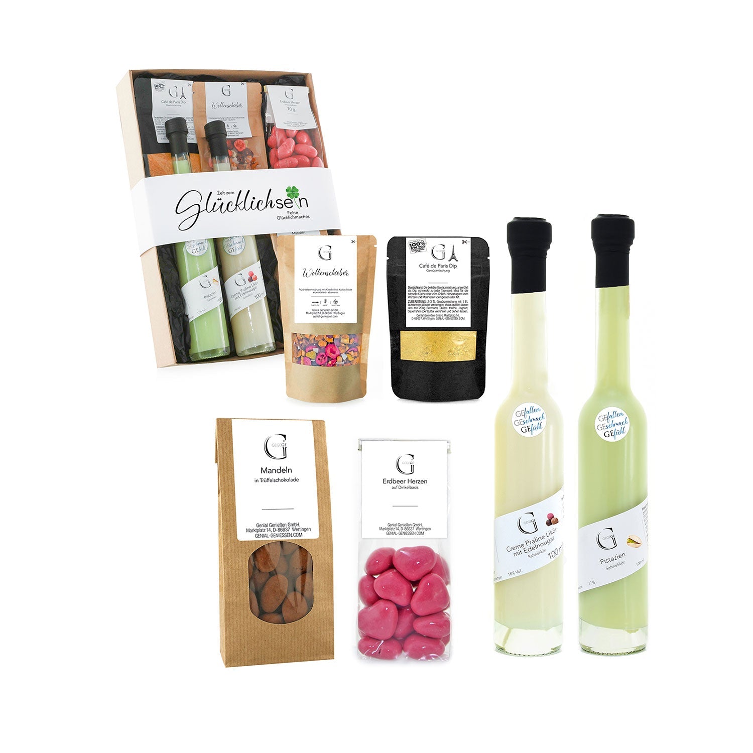 Das „Zeit zum Glücklich sein – Geschenkset“ umfasst Pistazien Sahnelikör, Fruchtliköre, mit Schokolade überzogene Mandeln, rosa Herzbonbons, zwei Gewürzbeutel und Rosensalz. Diese Artikel sind elegant in einer Geschenkverpackung für eine luxuriöse Präsentation arrangiert.