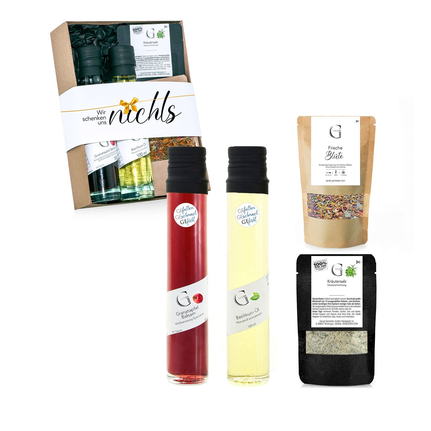 Entdecken Sie das ultimative Geschenk für Feinschmecker: das „Wir schenken uns nichts Geschenkset“, eine Box mit Glasflaschen mit roten und gelben Flüssigkeiten, getrockneten Kräutern im Beutel und farbenfrohen Blumenmischungen mit festlichen Grafiken. Erleben Sie unvergessliche Genussmomente!.