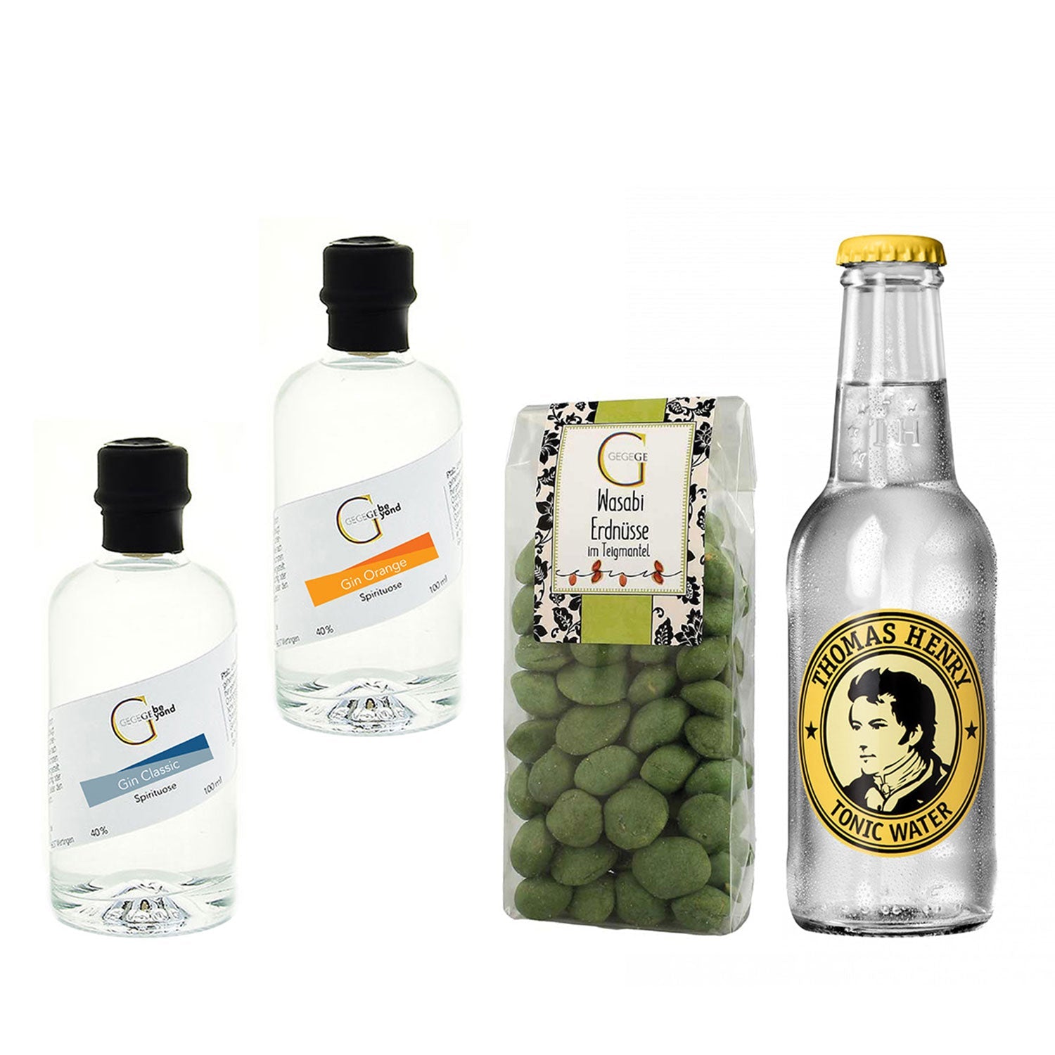 Das Gin-Set Geschenk Ginsensation bietet ein köstliches Sortiment mit zwei Gin-Tonic-Mischungen in Klarsichtflaschen, Wasabi-Erdnüssen und Thomas Henry Tonic Water. Die minimalistischen, hellen Etiketten machen es zum perfekten Geschenk für jeden Gin-Erlebnis-Liebhaber.