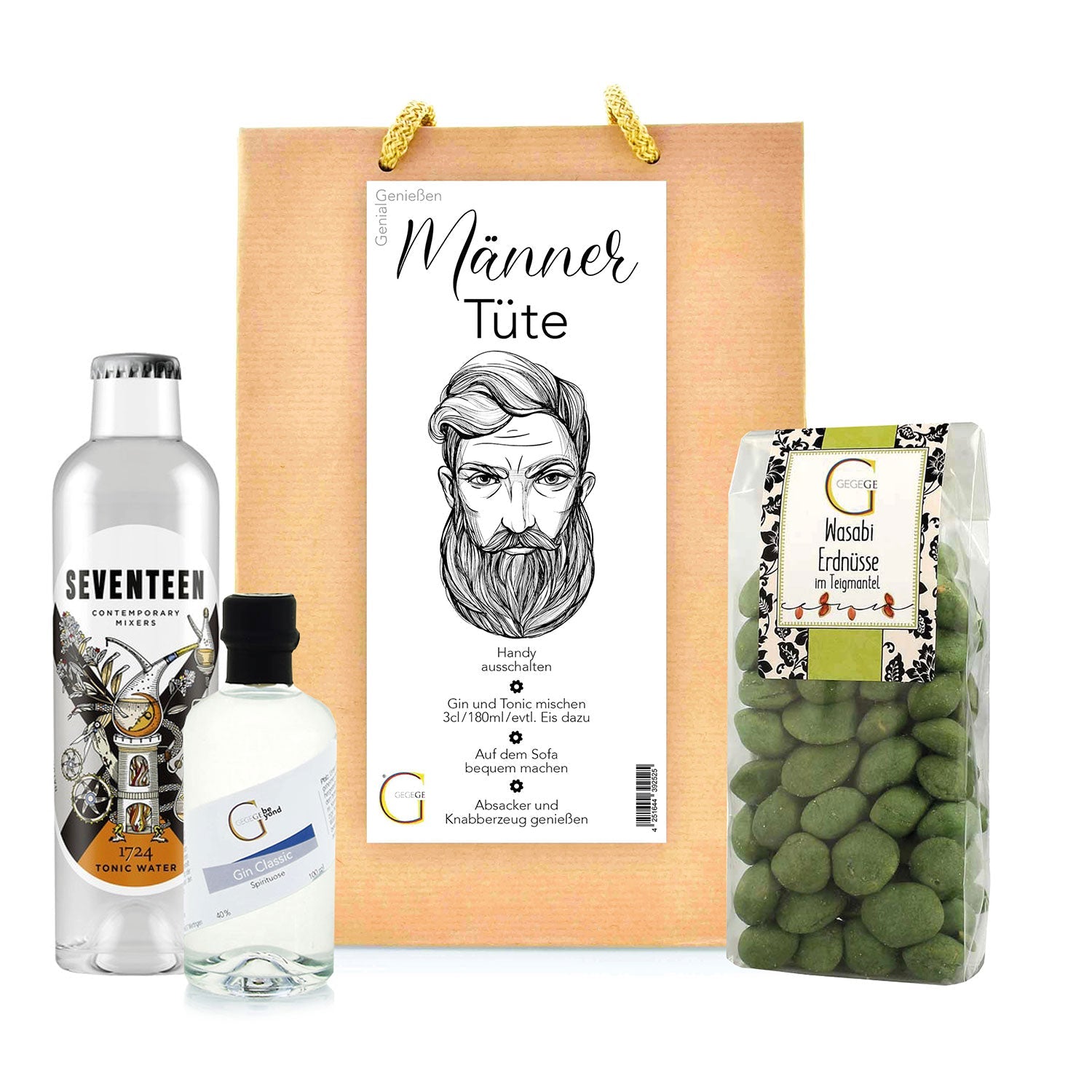 Das Männer Tüte – Gin Tonic Geschenk enthält ein Seventeen Tonic, G-in-Aromakonzentrat und Wasabi-Erdnüsse in einer braunen Tüte im Bärtigen-Mann-Design – ideal für einen Männerabend.