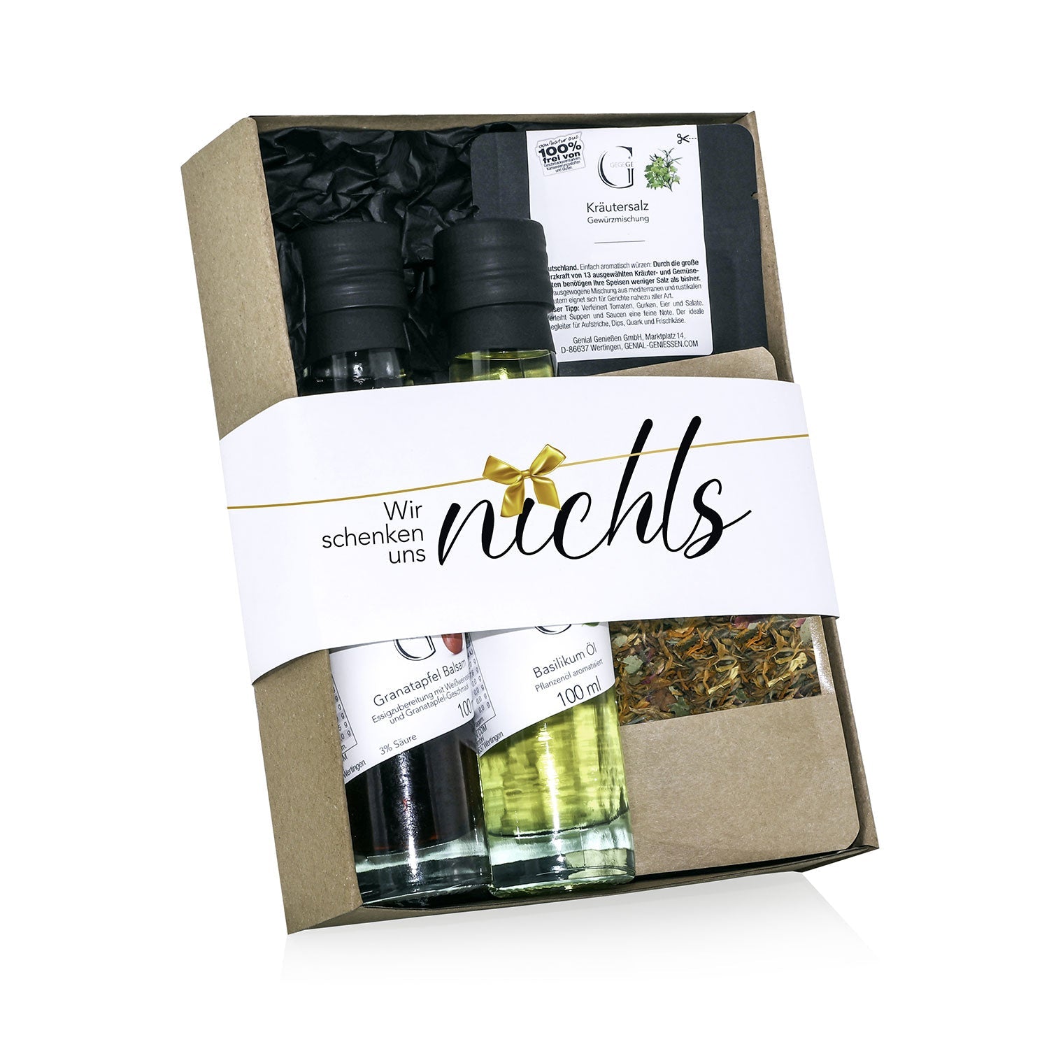Das „Wir schenken uns nichts Geschenkset“ ist ein entzückendes Weihnachtszauber-Geschenk mit zwei Ölflaschen, einem kleinen Behälter und Gewürzen, elegant verziert mit einer goldenen Schleifenillustration auf der Schachtel – perfekt für Genussmomente.