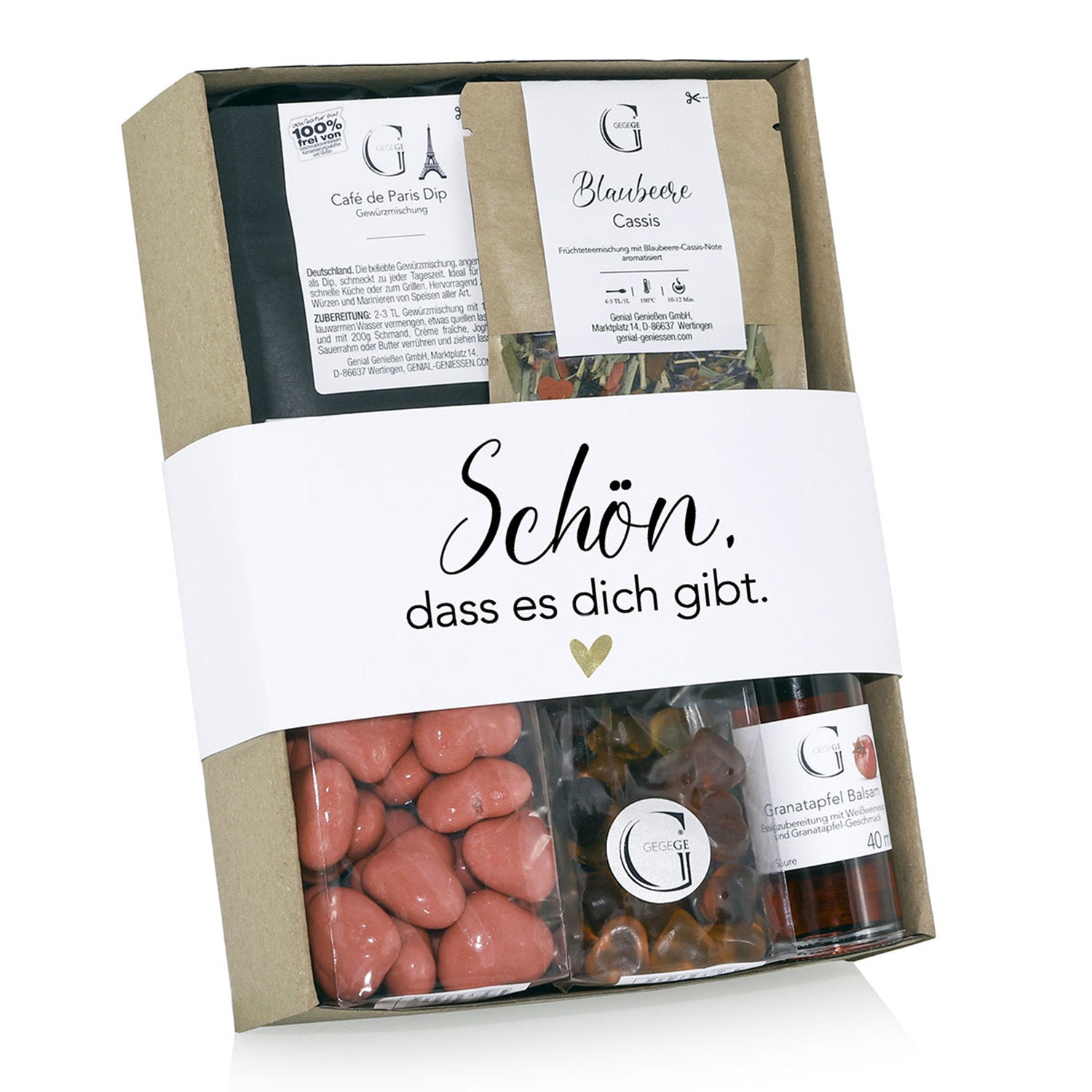 Das Schön, dass es dich gibt – Geschenkset ist eine hübsch verpackte Kollektion mit rosa Bonbons, Cassis-Teemischung, Granatapfel-Balsam-Flasche und Café de Paris Dip-Mischung in einer entzückenden Box.