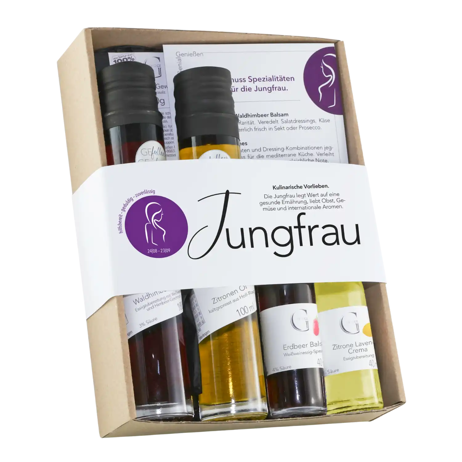 Das Sternzeichen-Set – Jungfrau enthält vier Flaschen Essig oder Öl, ein deutsches Rezeptheft und ein Jungfrau-Etikett mit kulinarischen Informationen. Die Flaschen sind durch den transparenten Deckel sichtbar.
