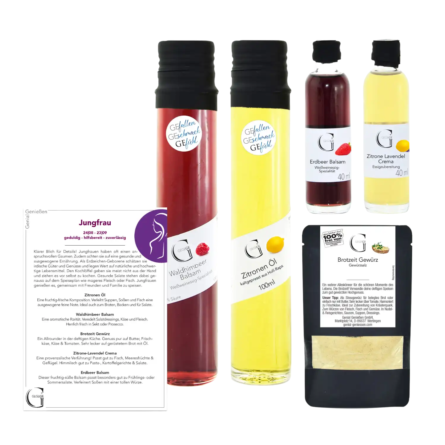 Das Sternzeichen-Set – Jungfrau enthält zwei hohe Flaschen (eine rote, eine gelbe), zwei kleinere Flaschen (rot und gelb), ein Gewürzpaket und eine Karte mit der Aufschrift „Jungfrau“ mit deutschem Text und Beschreibung.