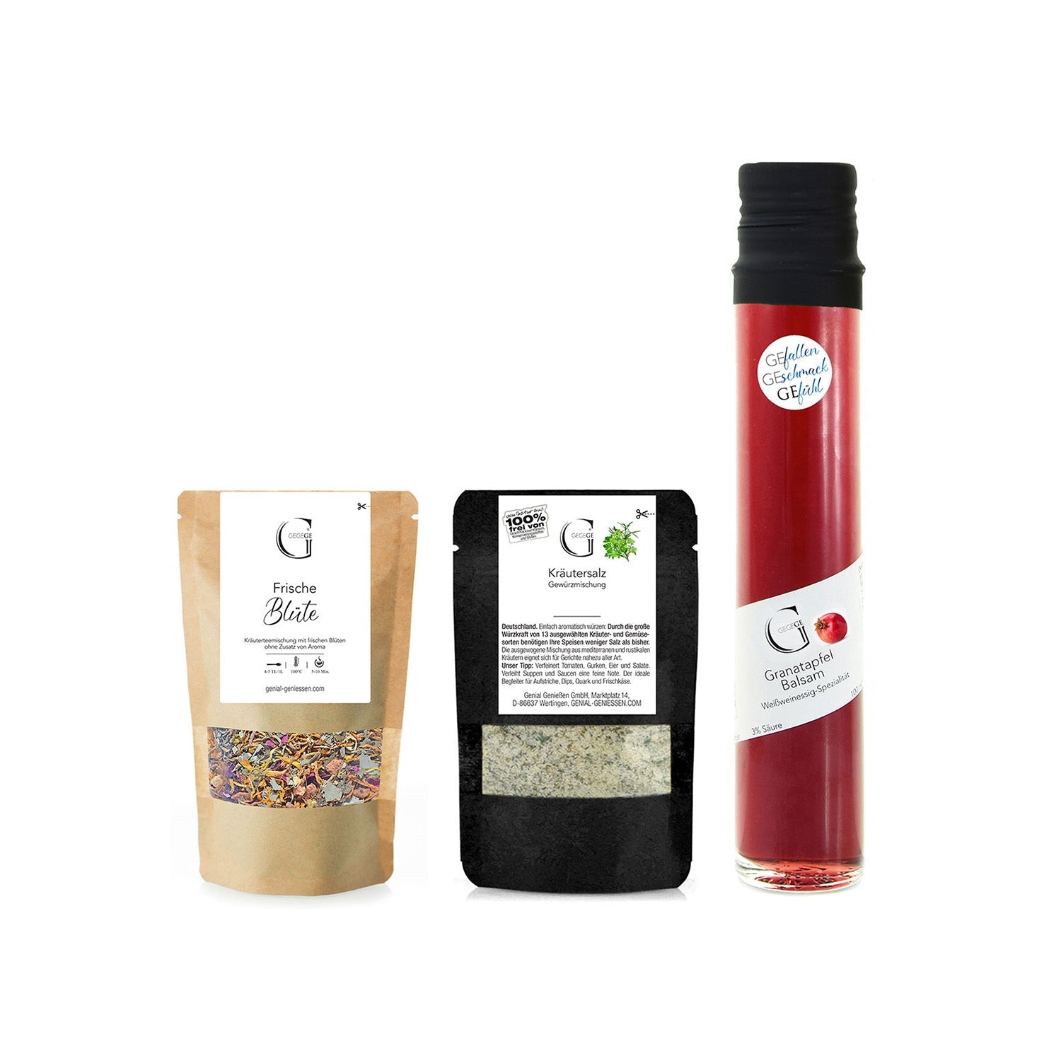 Das Kleine Dankeschön Geschenk enthält drei Gourmetartikel mit erlesenen Zutaten: einen braunen Beutel getrocknete Blütenblätter (Frische Blüte), einen schwarzen Beutel Kräutersalz und eine große Flasche roten Granatapfelessig. Ideal für ein kleines Dankeschön oder als Teil eines exquisiten Geschenksets.
