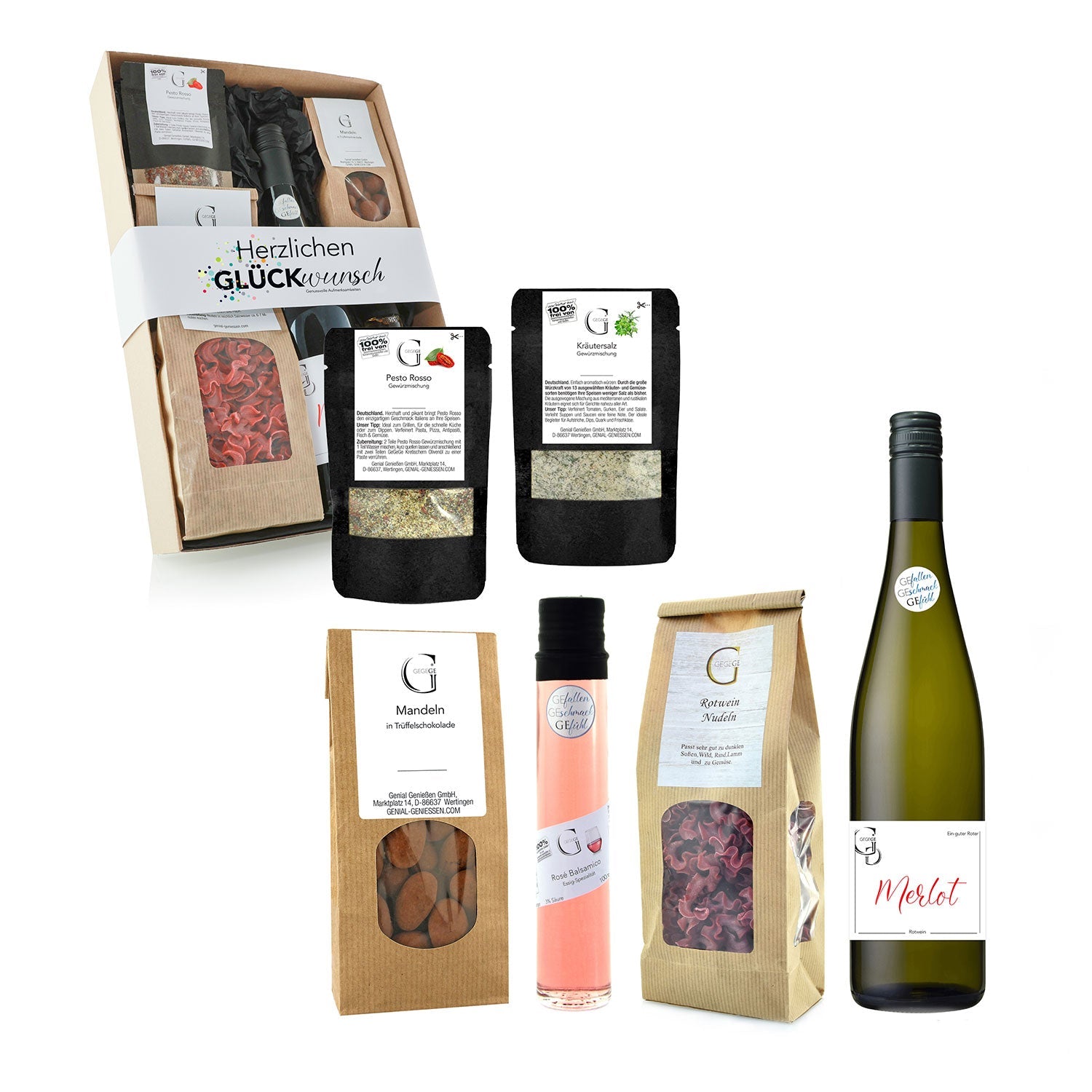 Entdecken Sie das exquisite Geschenkset Herzlichen Glückwunsch M mit verschiedenen Nudeln, Gewürzen, Mandeln und zwei Flaschen mit der Aufschrift „Glück“. Enthält eine Flasche Merlot und Rosé Balsamico in stilvoller Verpackung für ein noch intensiveres kulinarisches Erlebnis.