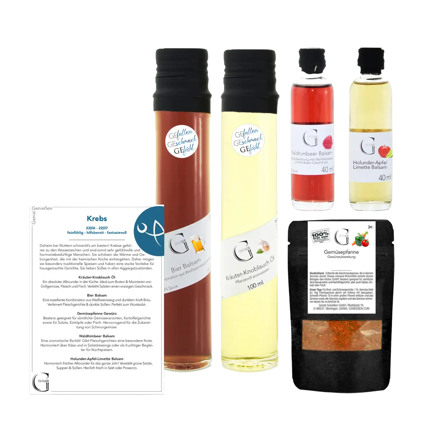 Das Sternzeichen-Set – Krebs enthält große gelbe und braune Gourmet-Flaschen, kleine rote und gelbe Flaschen, ein Trockenmischungspaket und eine Rezeptkarte – ideal für Soulfood-Vorlieben und aromatische Aromen.