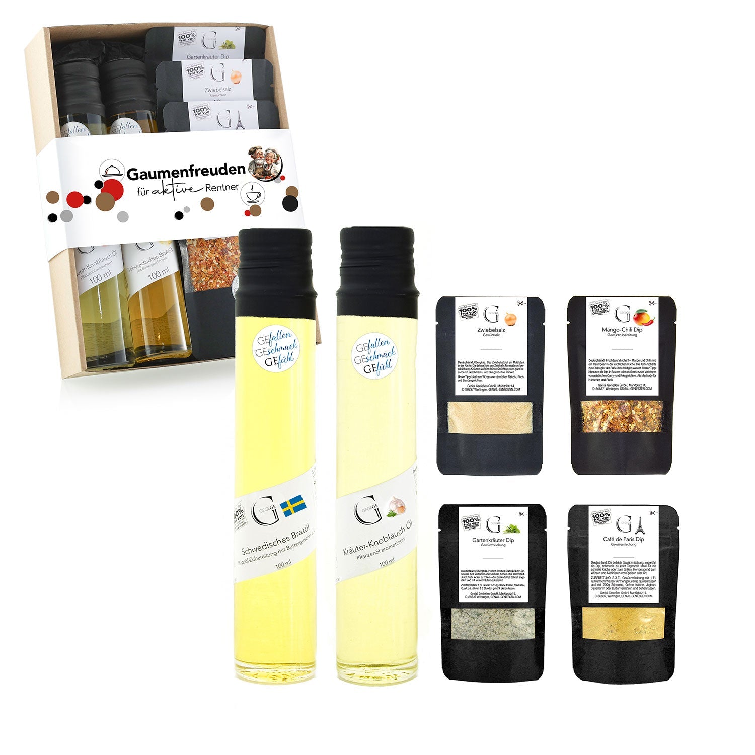 Das „Gaumenfreuden für aktive Rentner – Geschenkset“ umfasst zwei Flaschen aromatisches Kräuter-Knoblauch-Öl und fünf Päckchen Mango-Chili-Dip-Gewürz, alles verpackt in einer farbenfrohen Box mit beschrifteten Artikeln.