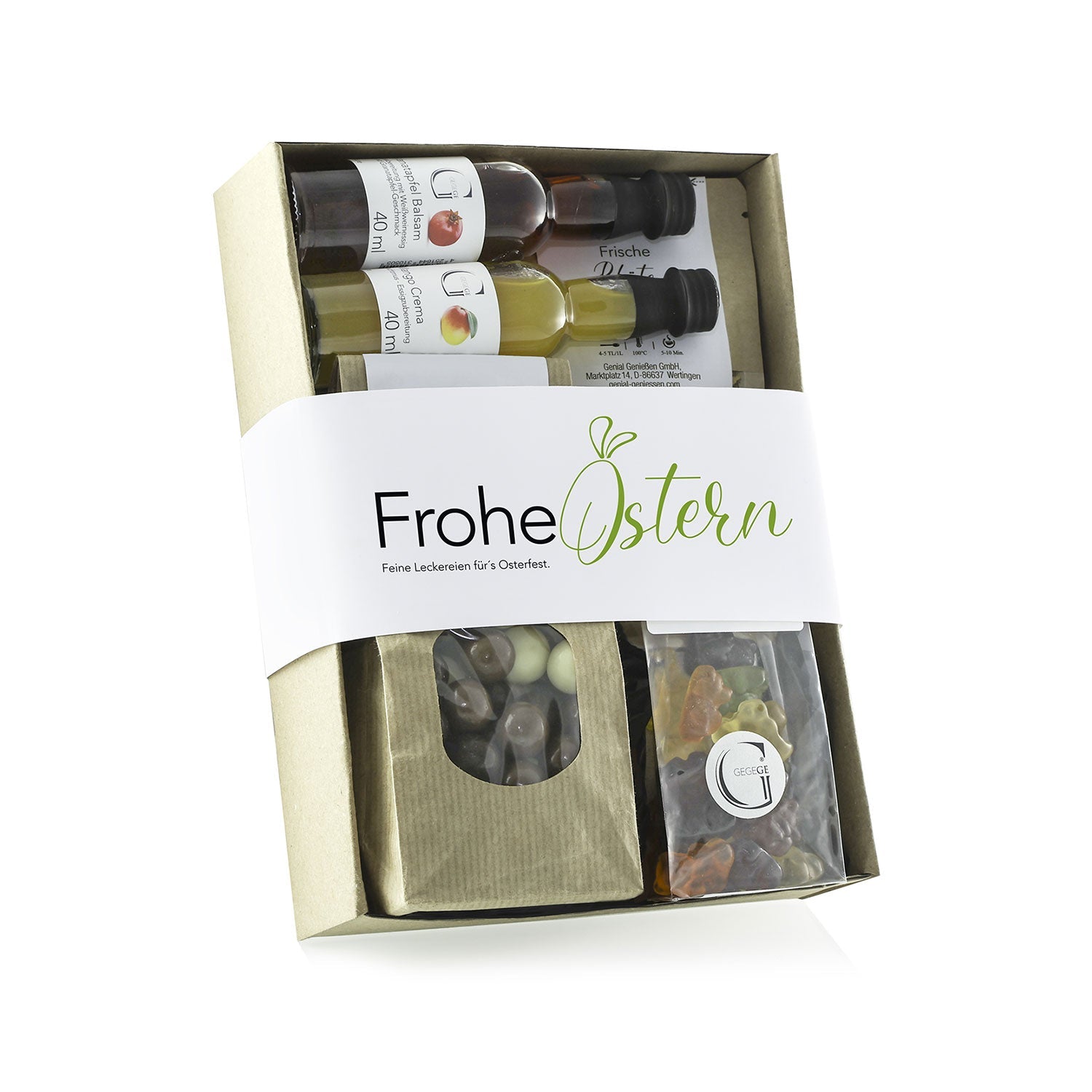 Das „Frohe Ostern – Geschenkset“ bietet drei Gourmet-Öle oder -Essige, ein 30-g-Ei-Gewürz und elegante weiße Pralinen. Diese charmant verpackte Box mit „Frohe Ostern“ und einem grünen Blatt ist ideal für alle, die Kreativität und Genuss in der Küche schätzen.